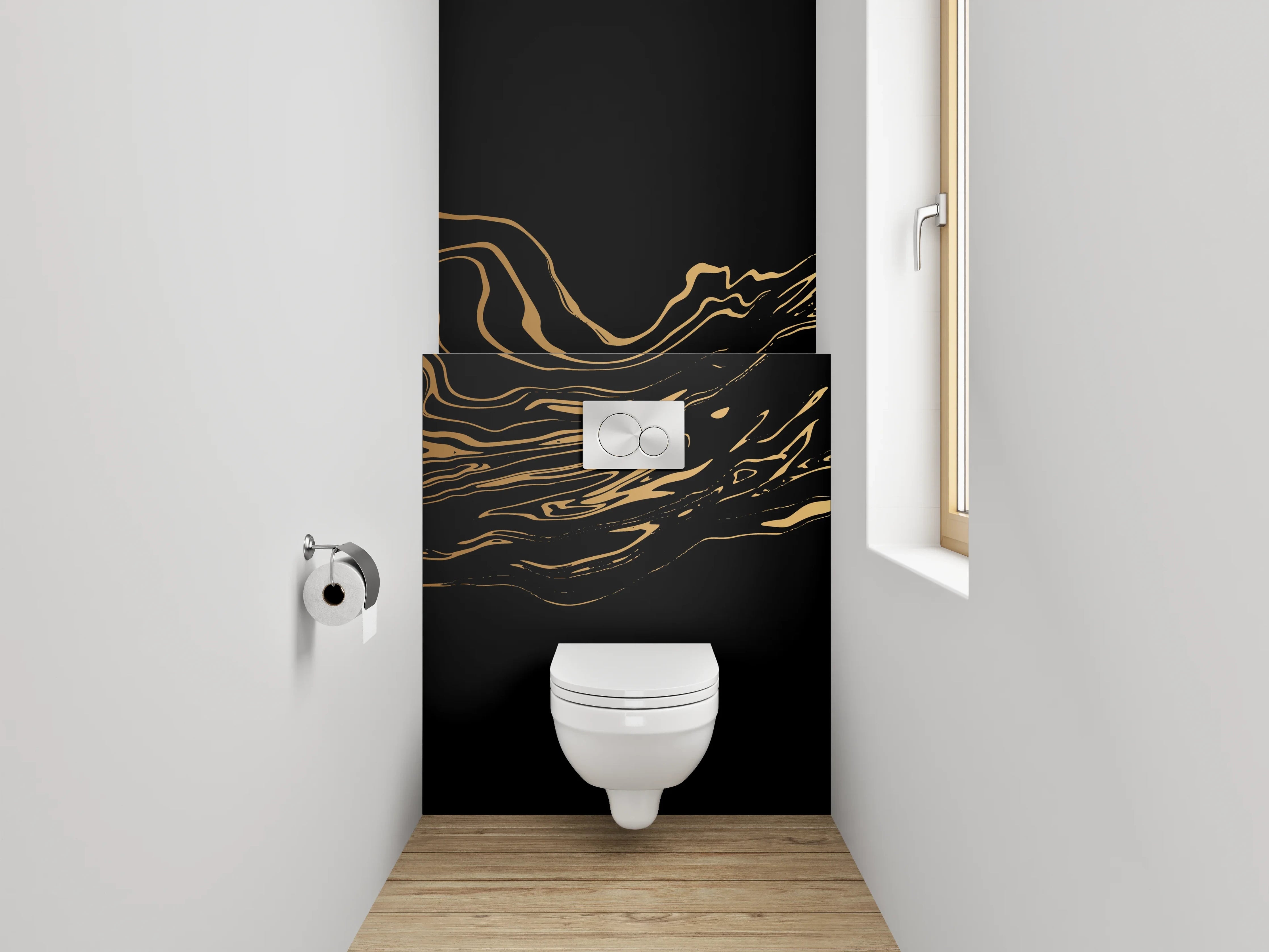 WC-Rückwand - Silberne Konturen auf dunklem Grund