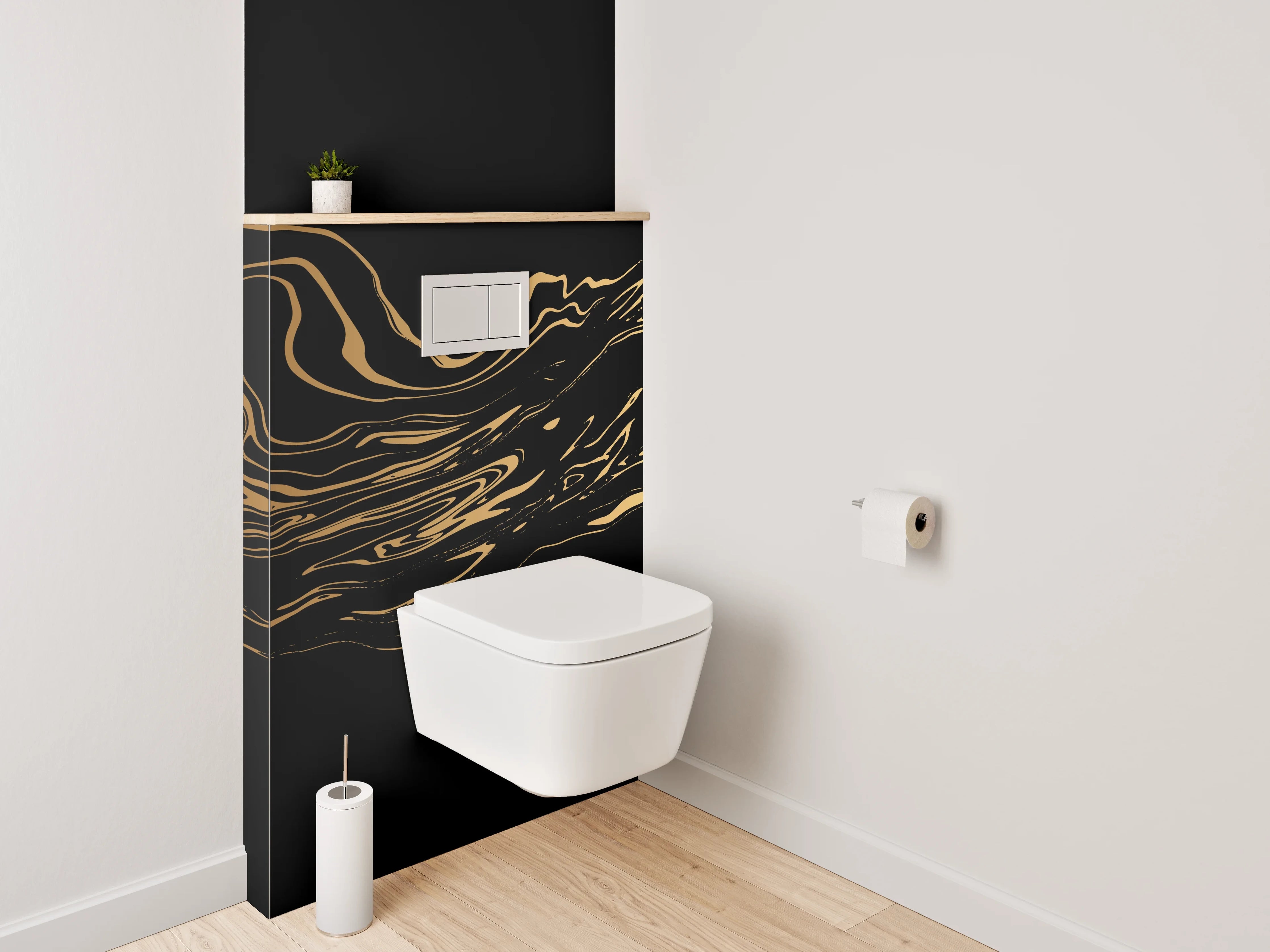 WC-Rückwand - Silberne Konturen auf dunklem Grund