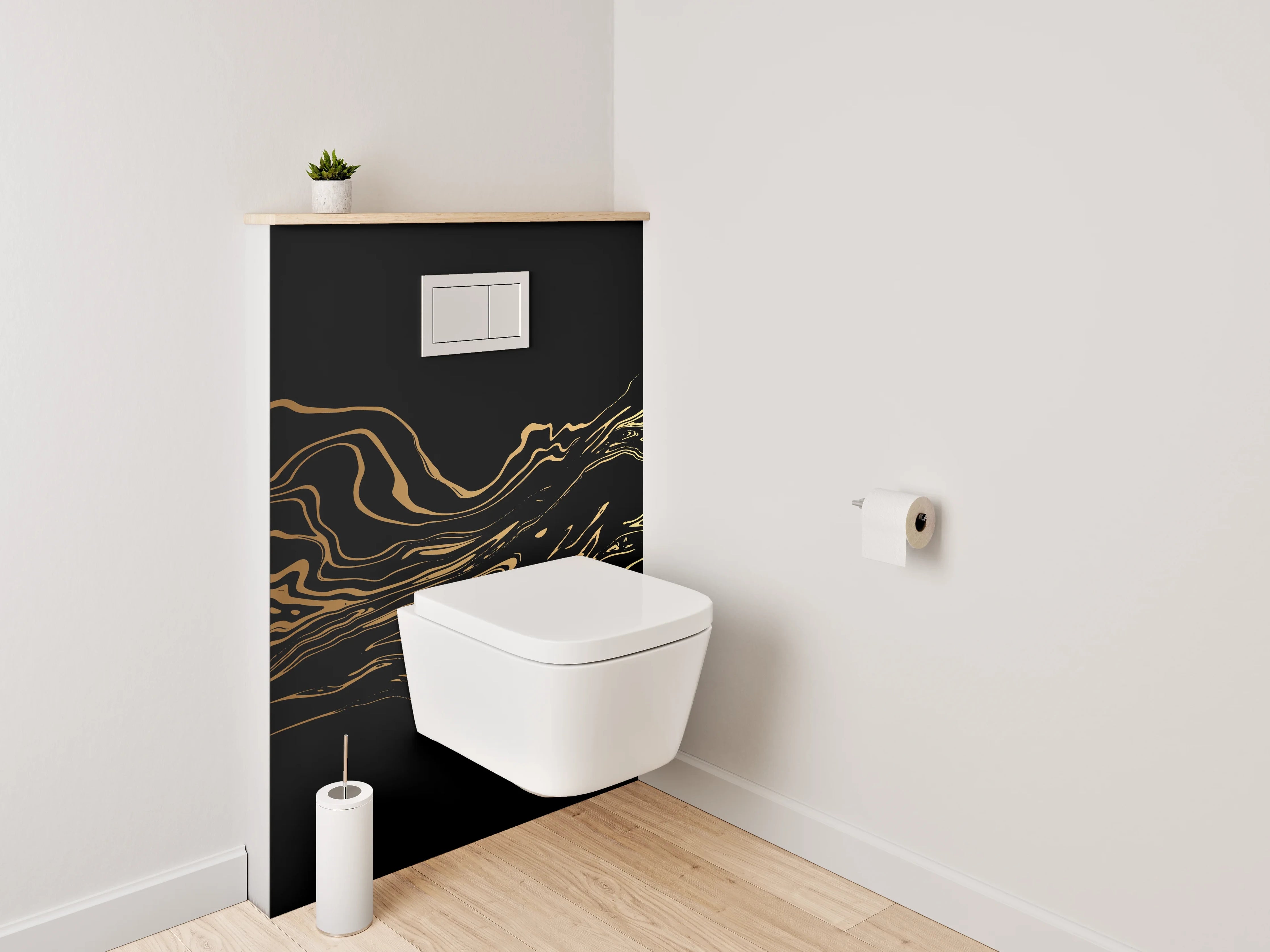 WC-Rückwand - Silberne Konturen auf dunklem Grund