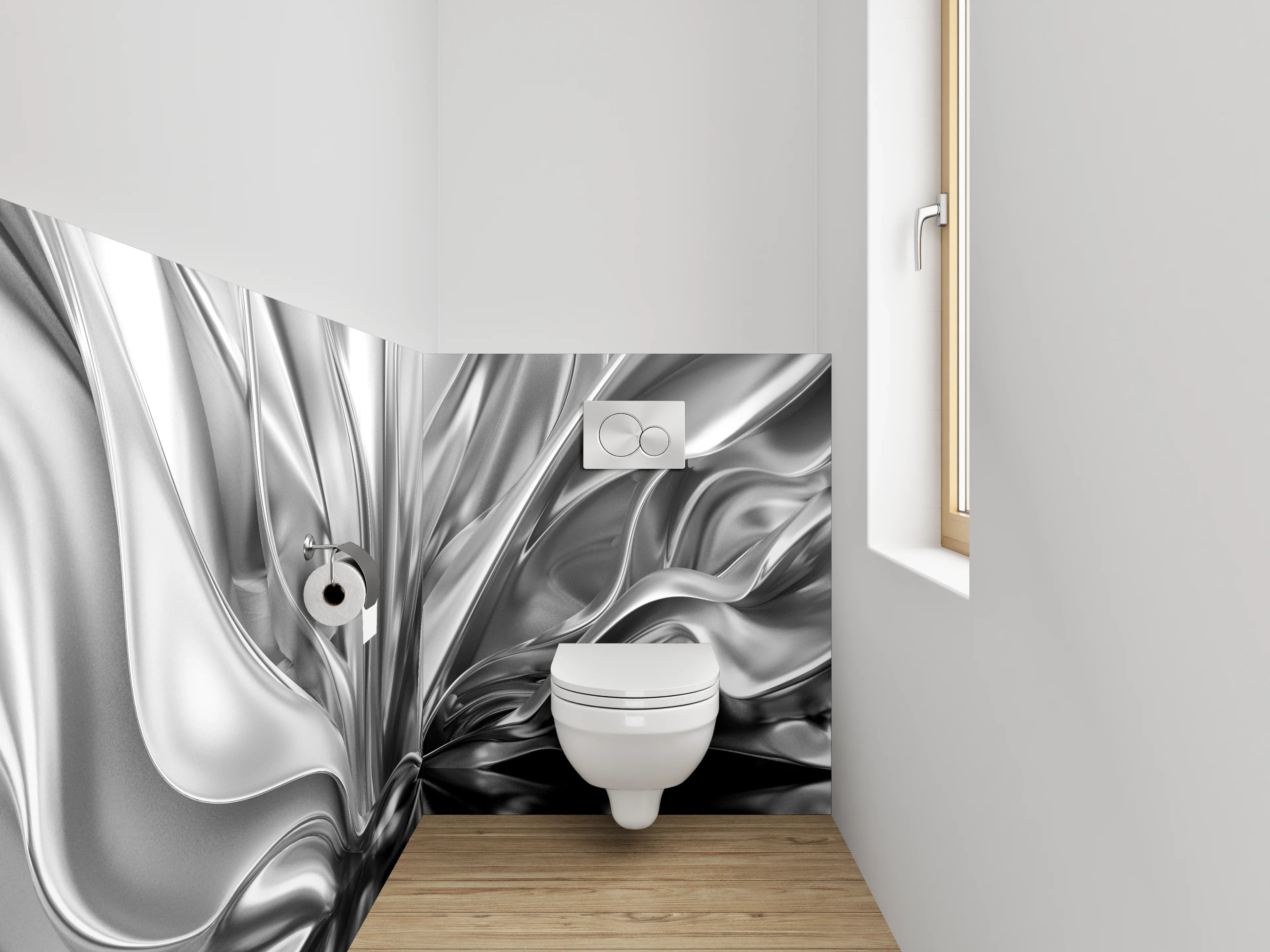 WC-Rückwand - Silberne Metall-Textur mit Wellenmuster