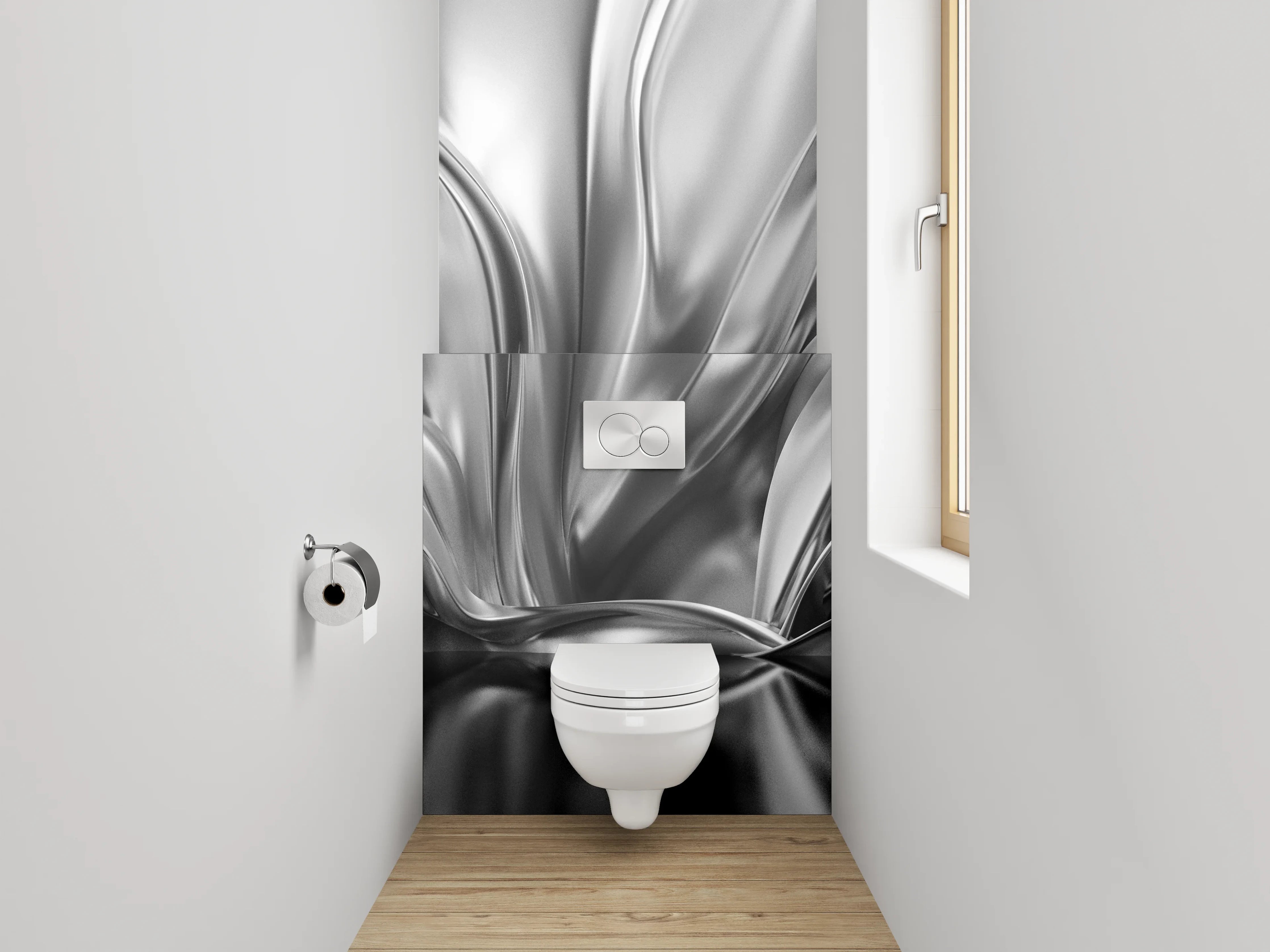WC-Rückwand - Silberne Metall-Textur mit Wellenmuster