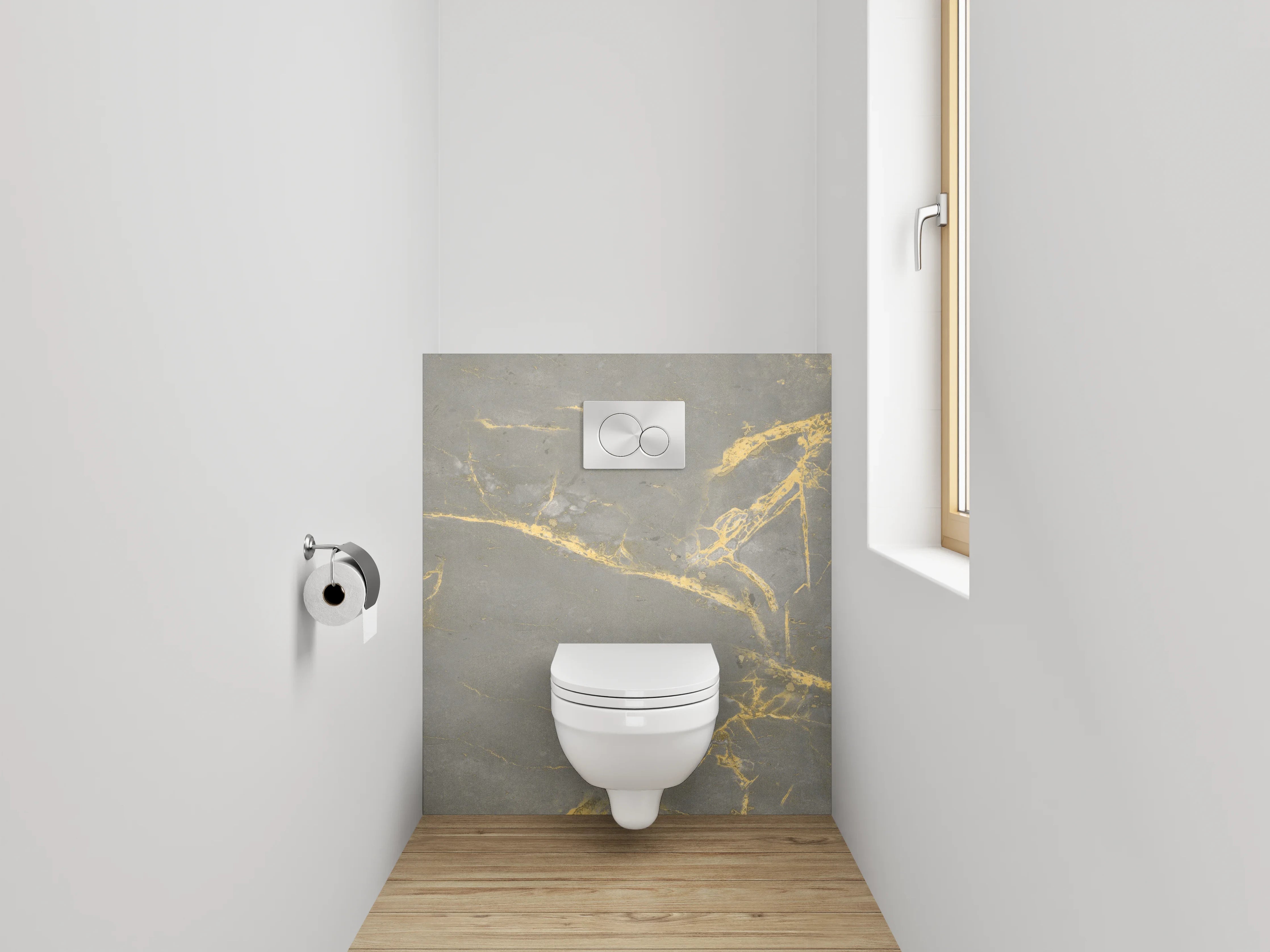 WC-Rückwand - Silberne Schatten auf weißem Stein