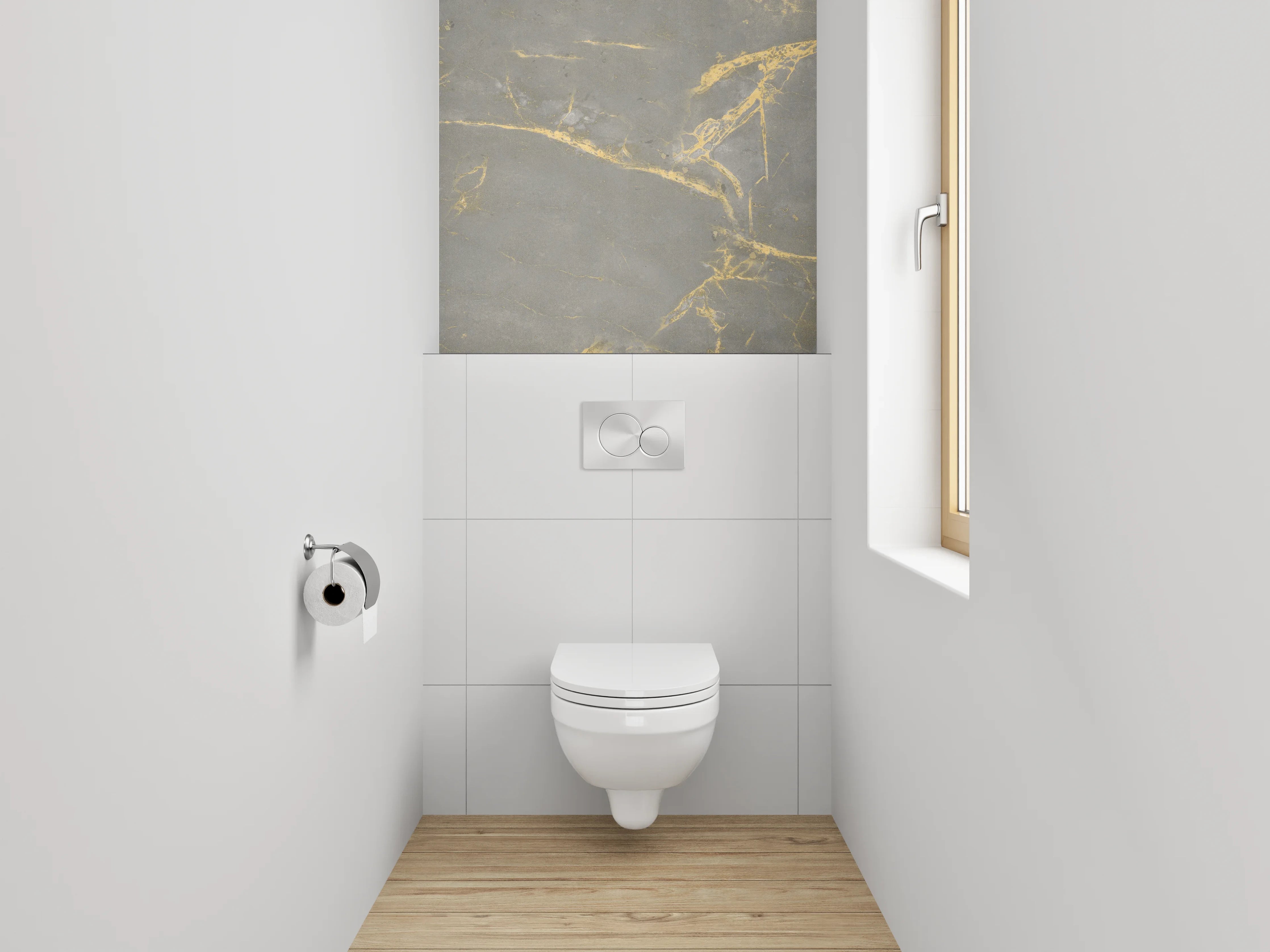 WC-Rückwand - Silberne Schatten auf weißem Stein