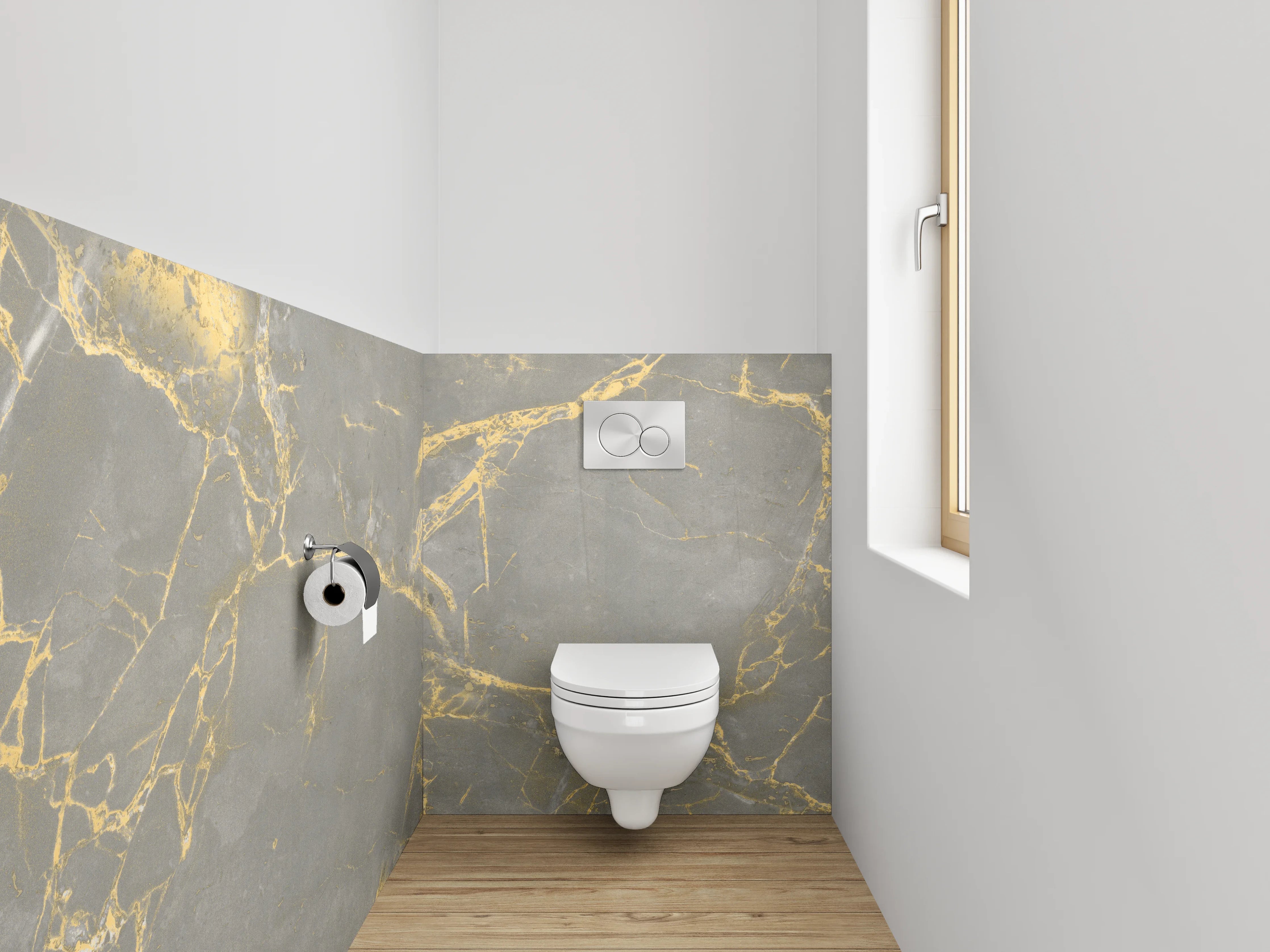 WC-Rückwand - Silberne Schatten auf weißem Stein