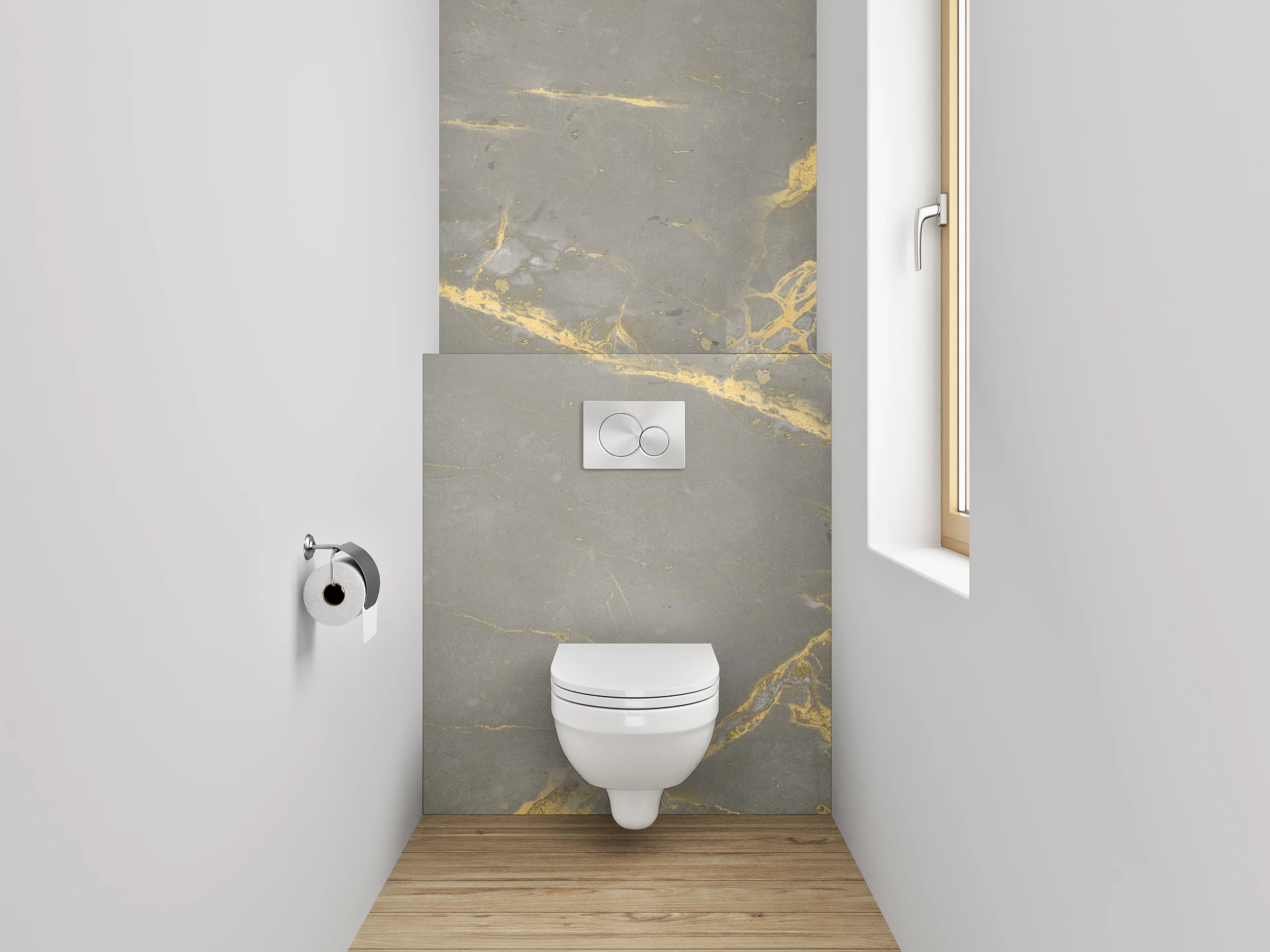 WC-Rückwand - Silberne Schatten auf weißem Stein