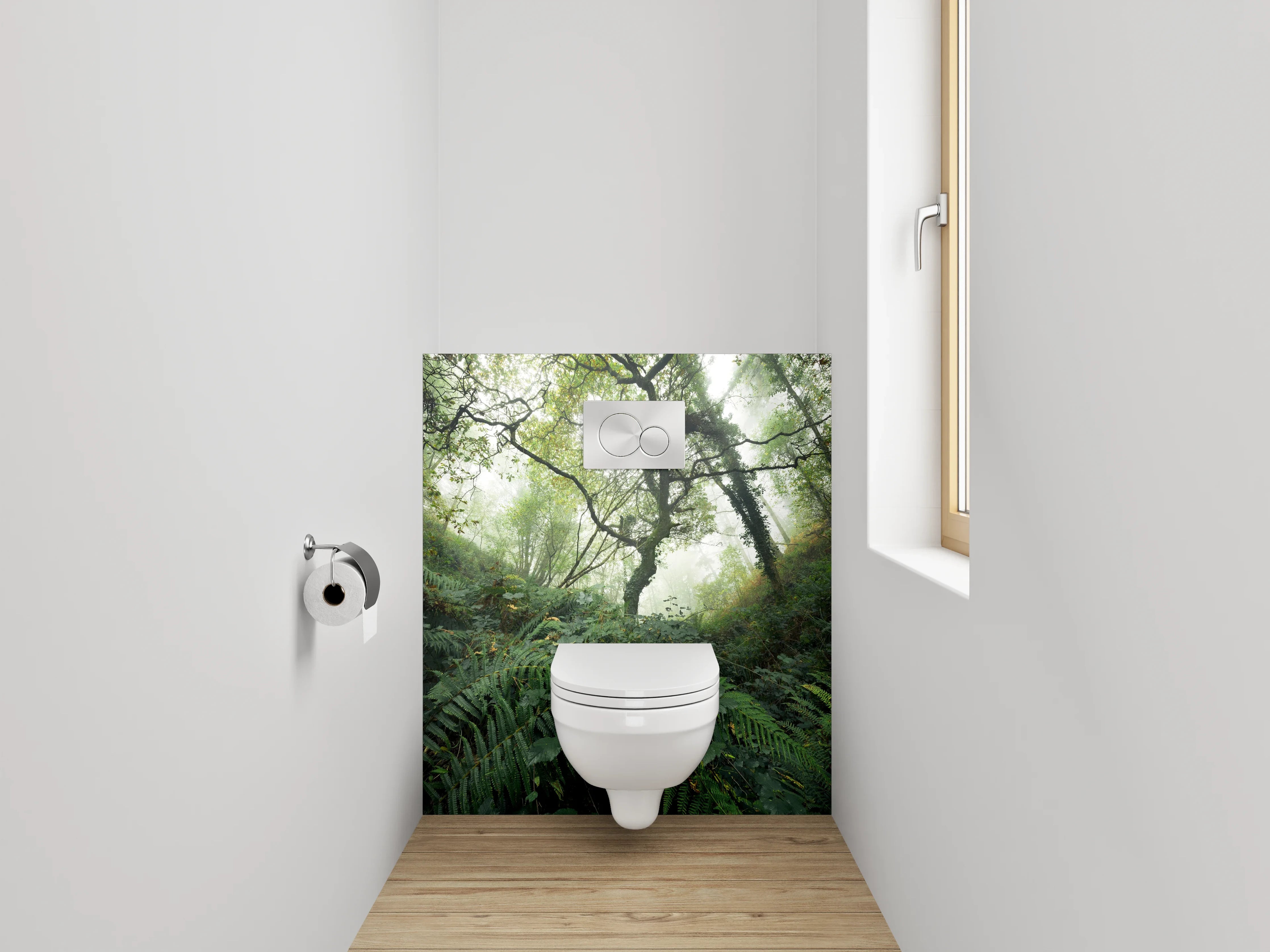 WC-Rückwand - Silberne Schatten im Nebelwald