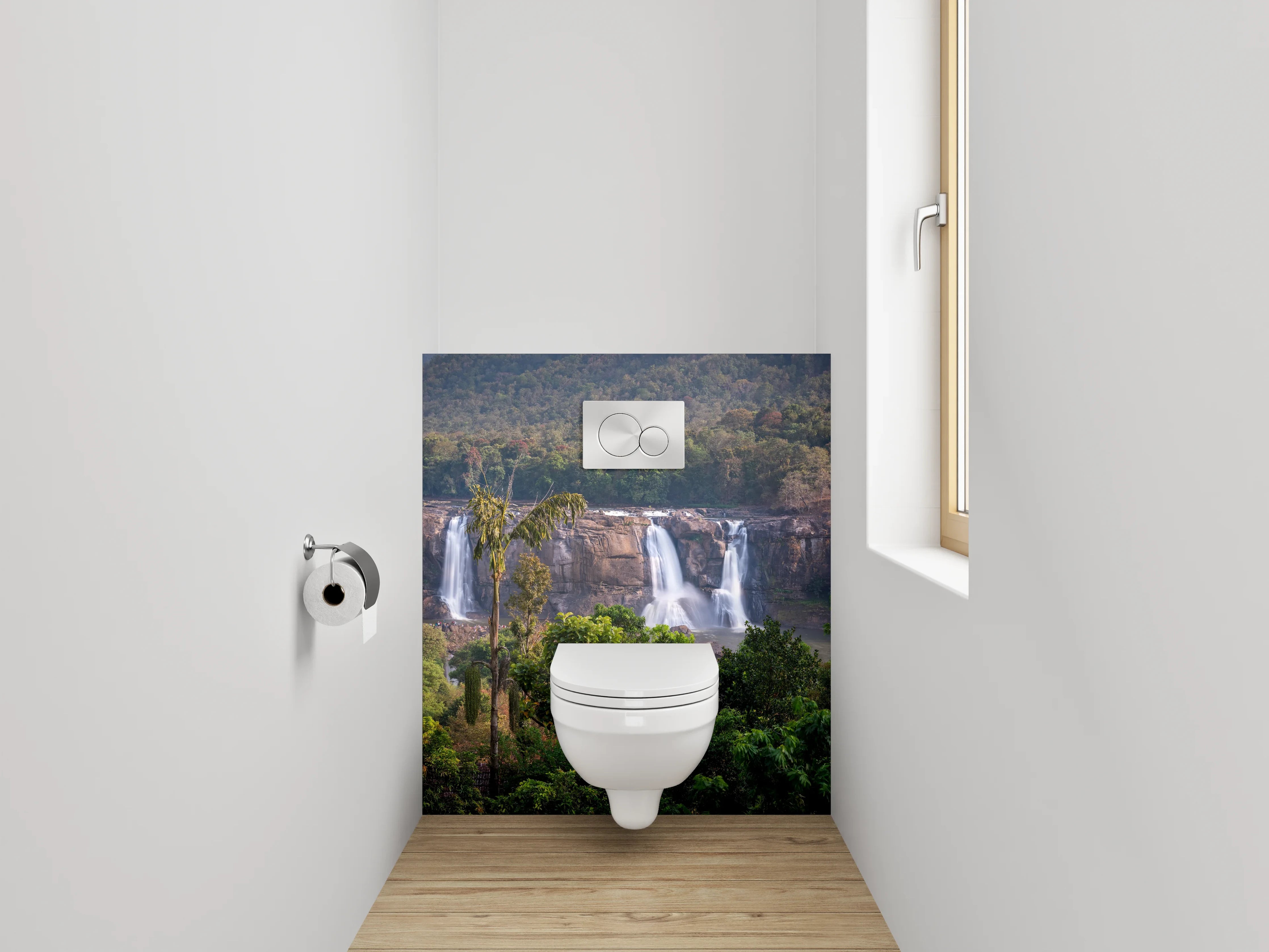 WC-Rückwand - Silberne Wasserströme im Nebelgrün