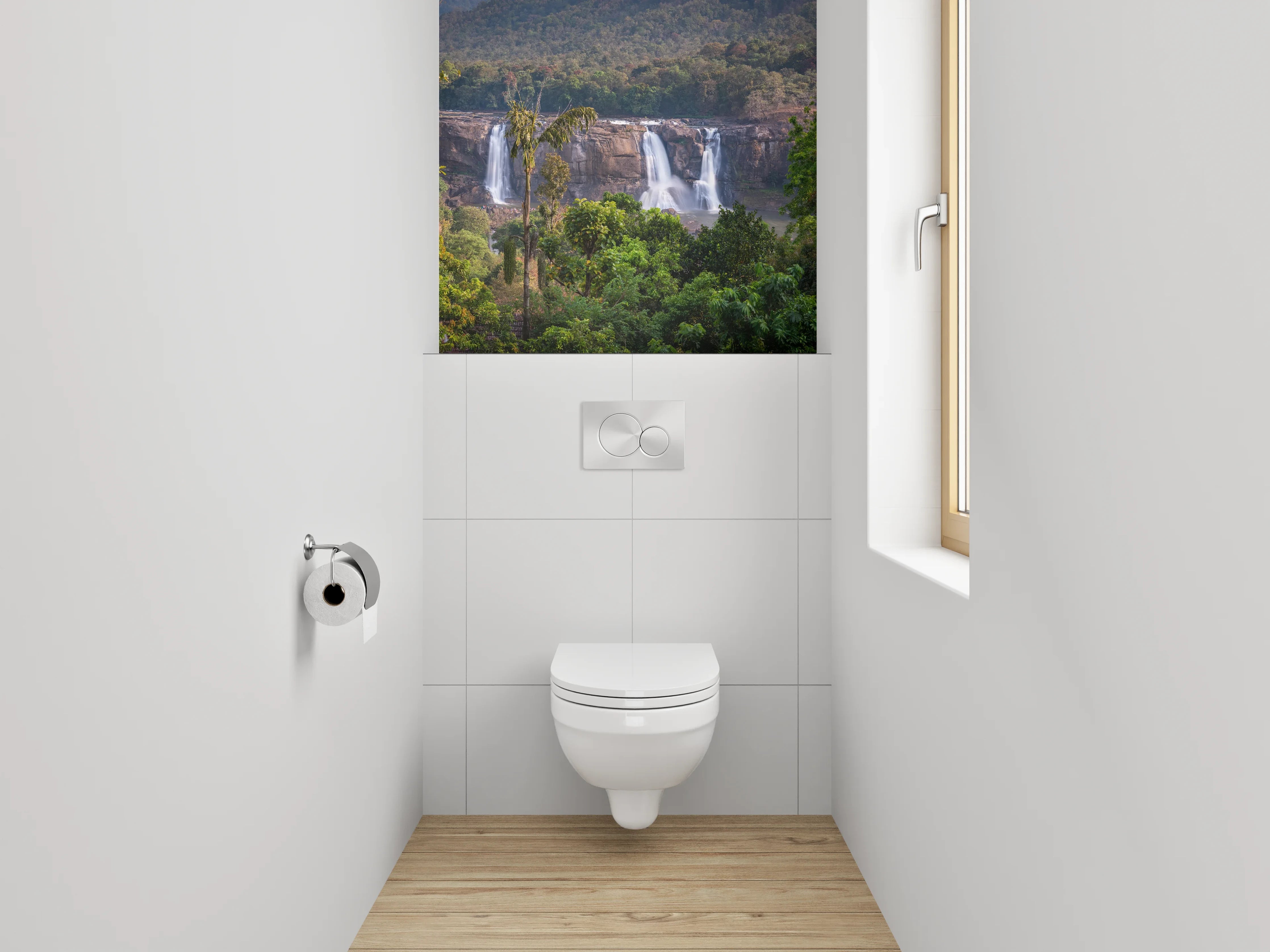 WC-Rückwand - Silberne Wasserströme im Nebelgrün