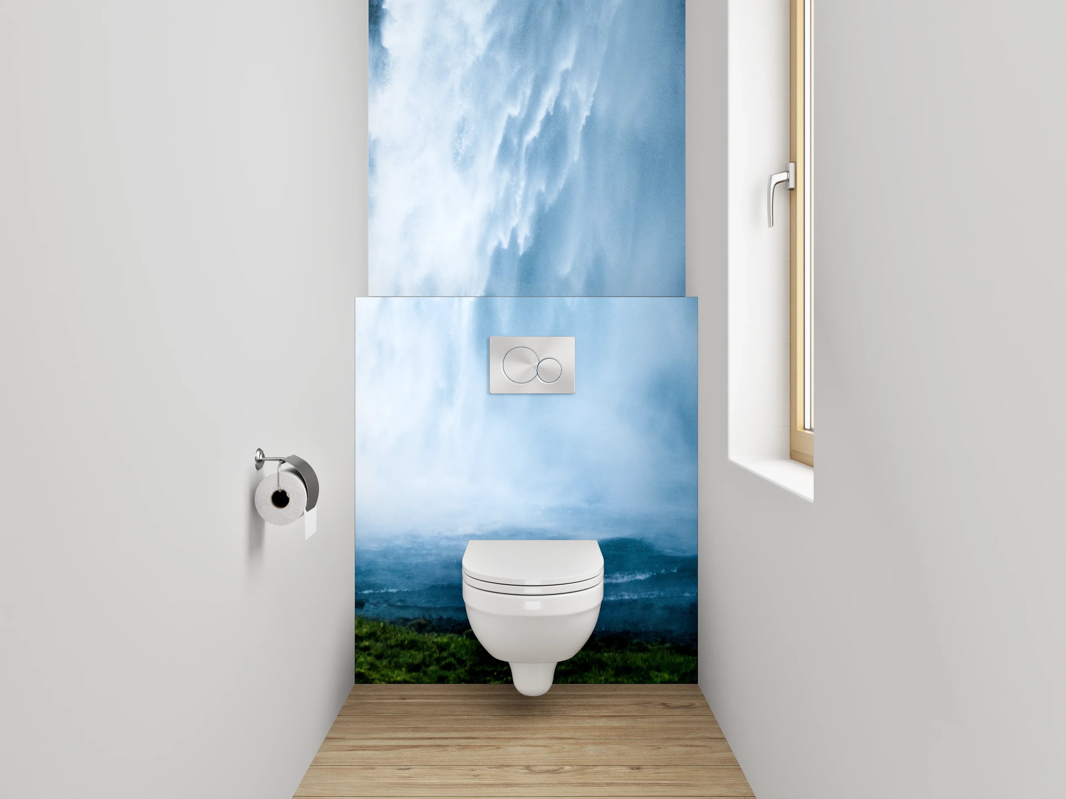 WC-Rückwand - Silberne Wasserträume im Nebelwald