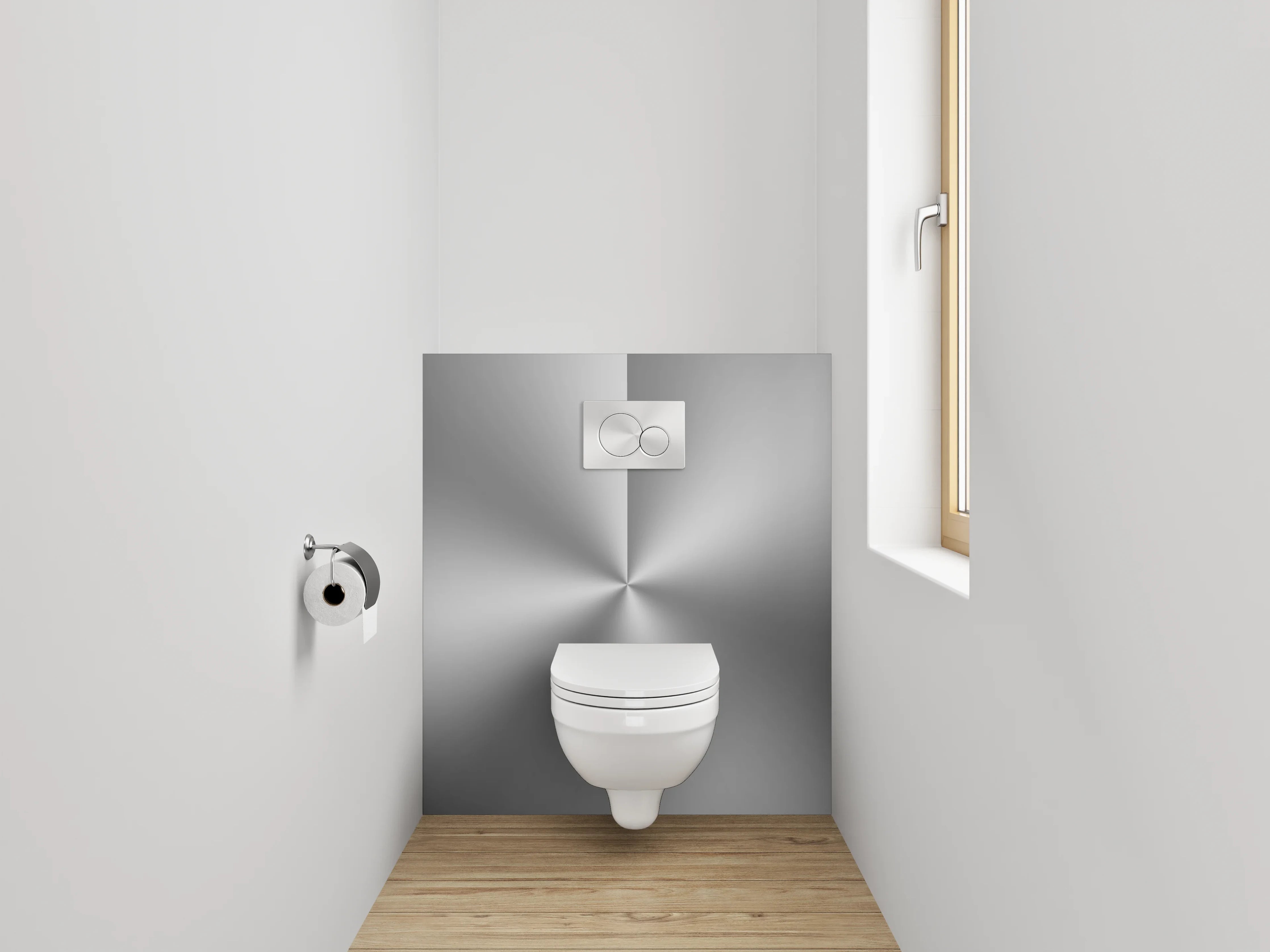 WC-Rückwand - Silberner Metall-Look mit Lichtreflex