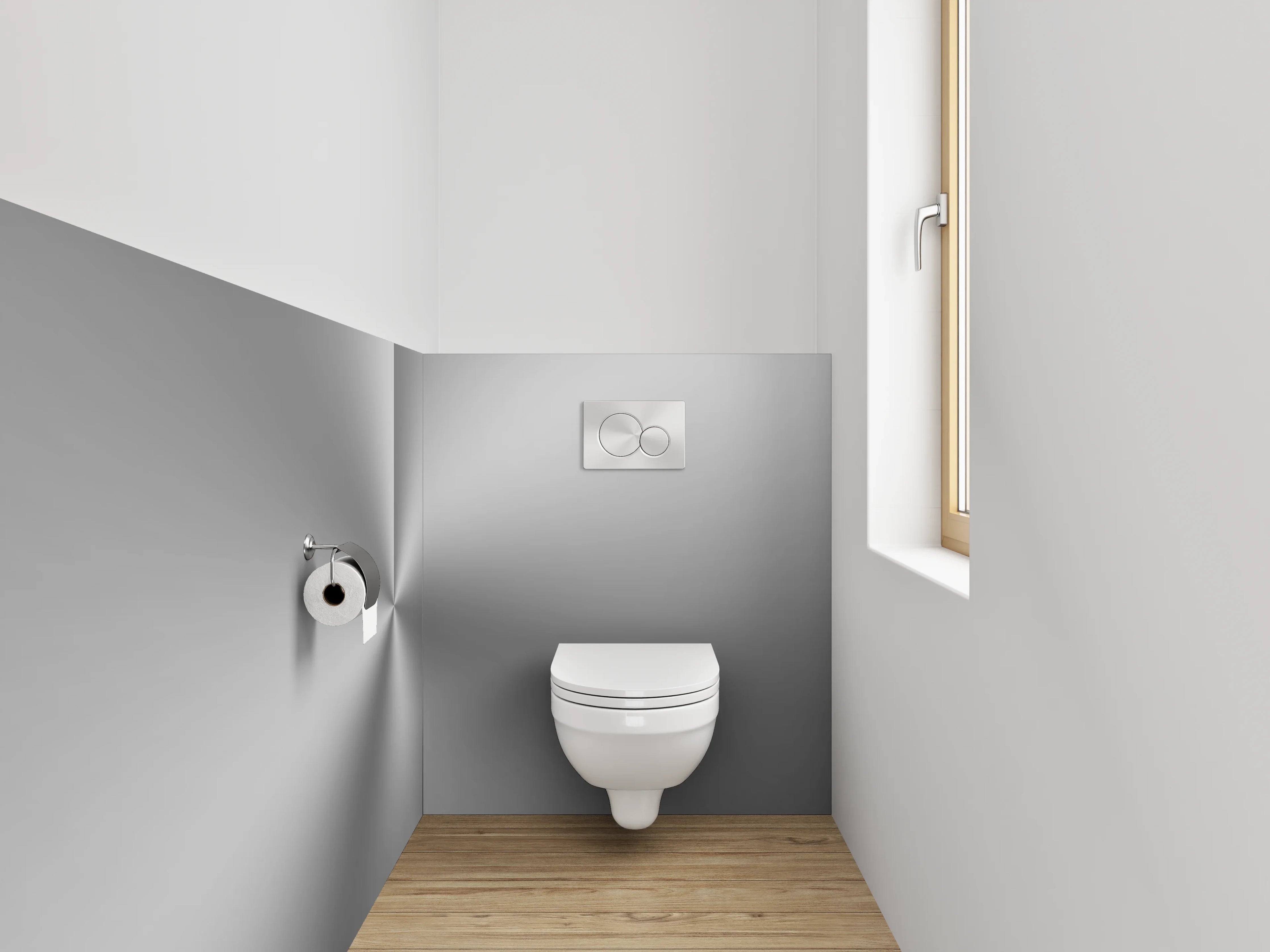 WC-Rückwand - Silberner Metall-Look mit Lichtreflex