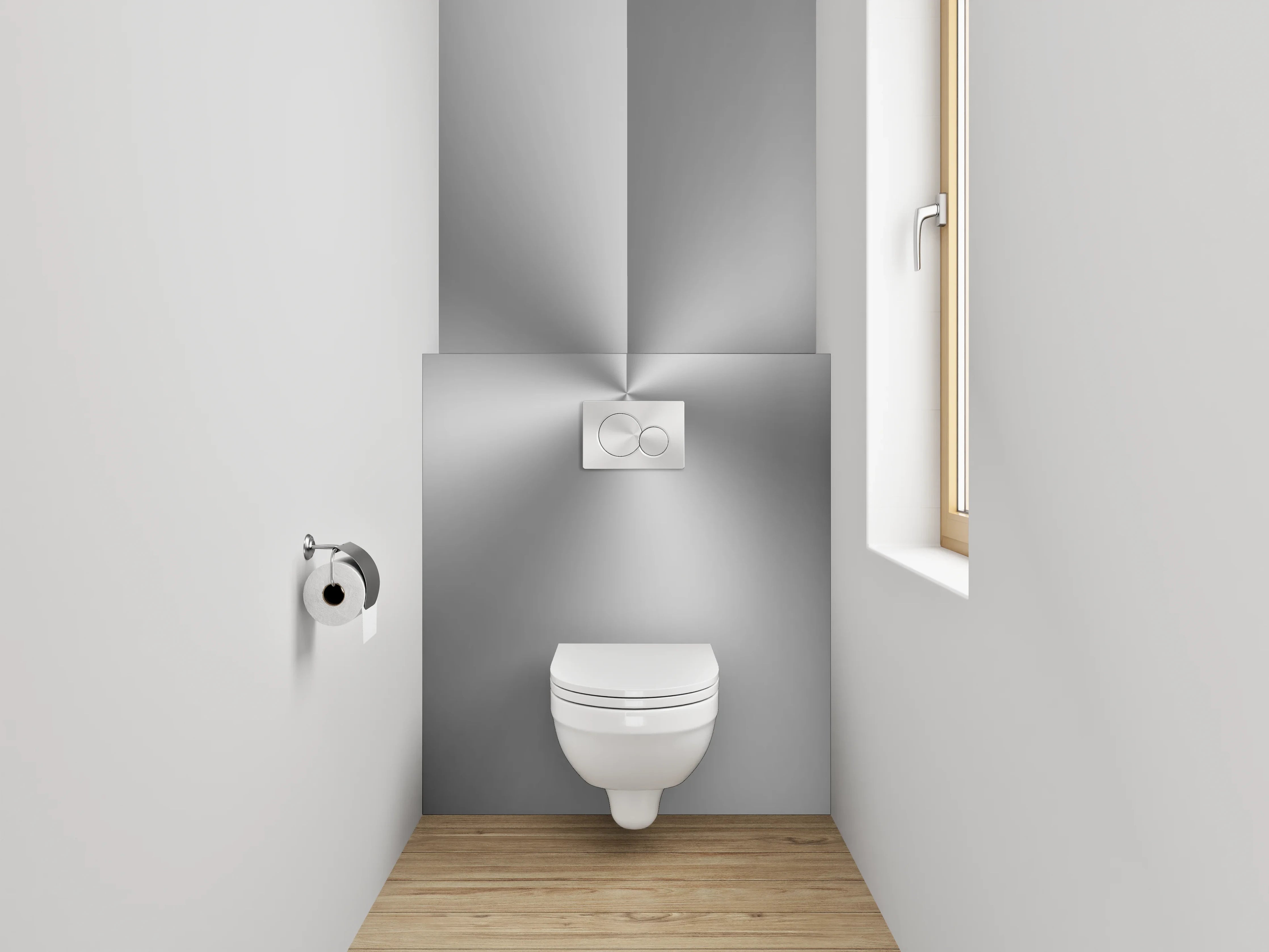 WC-Rückwand - Silberner Metall-Look mit Lichtreflex