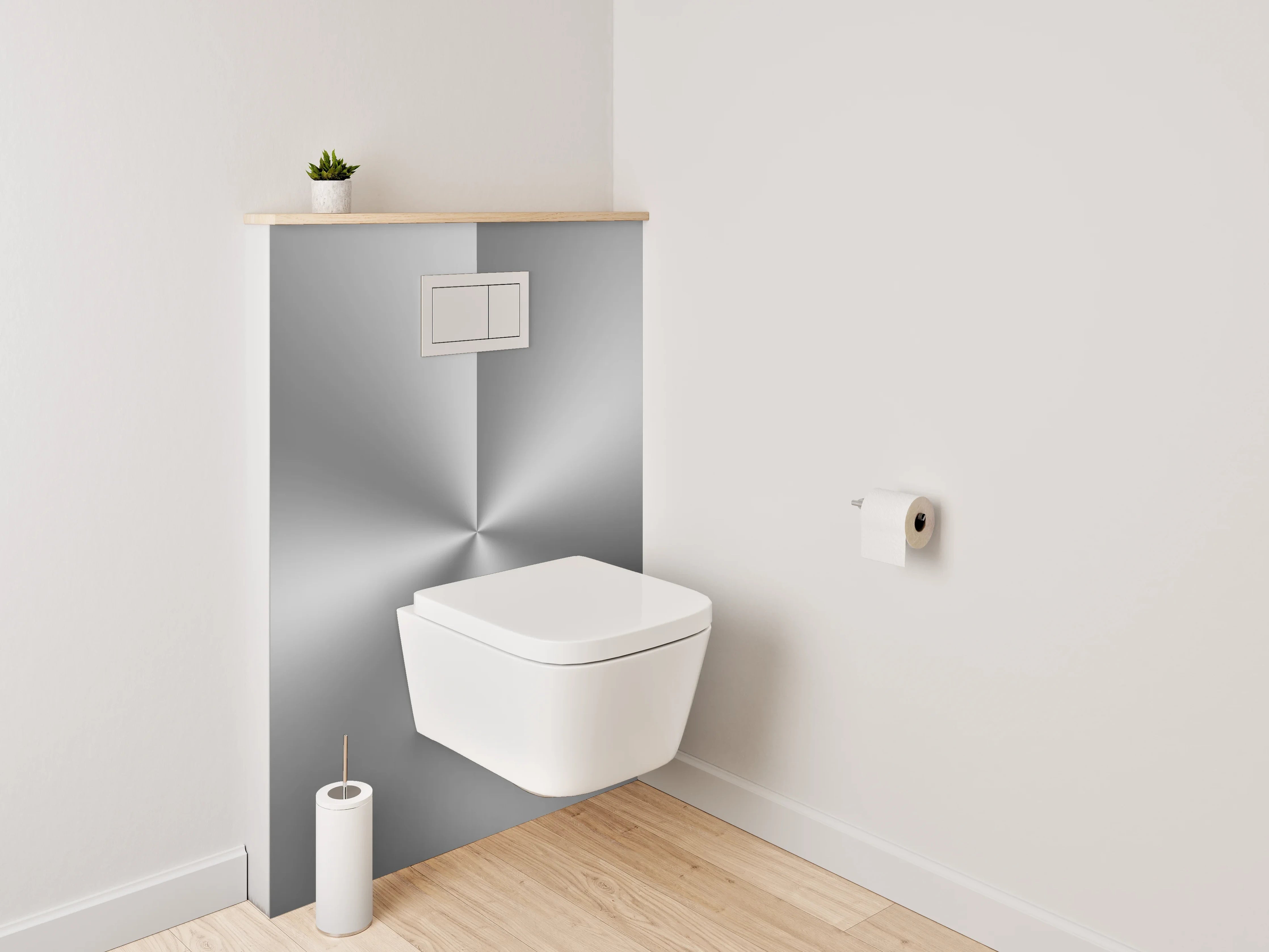 WC-Rückwand - Silberner Metall-Look mit Lichtreflex