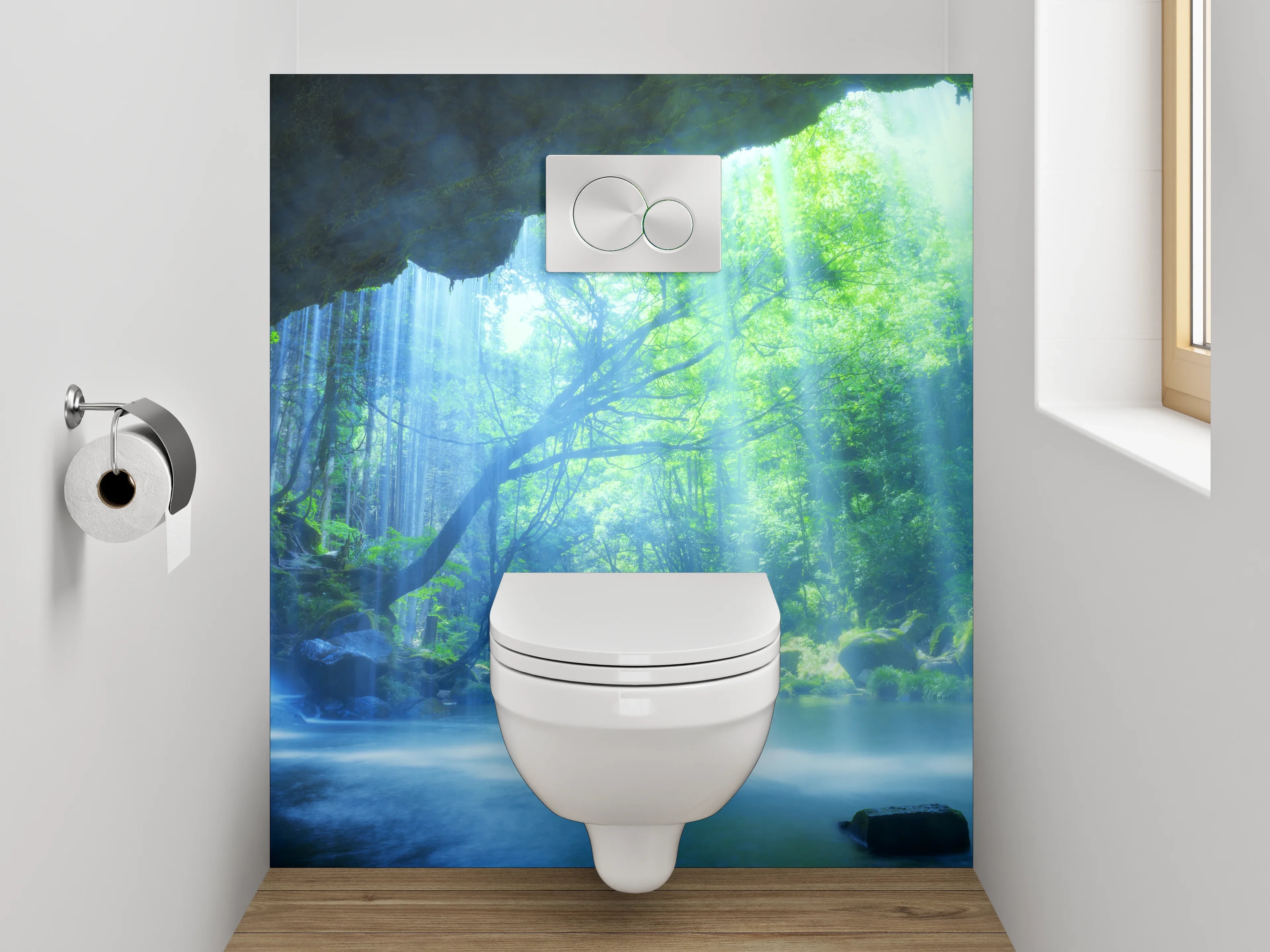 WC-Rückwand - Silberschimmernde Wasserfälle im Nebelwald