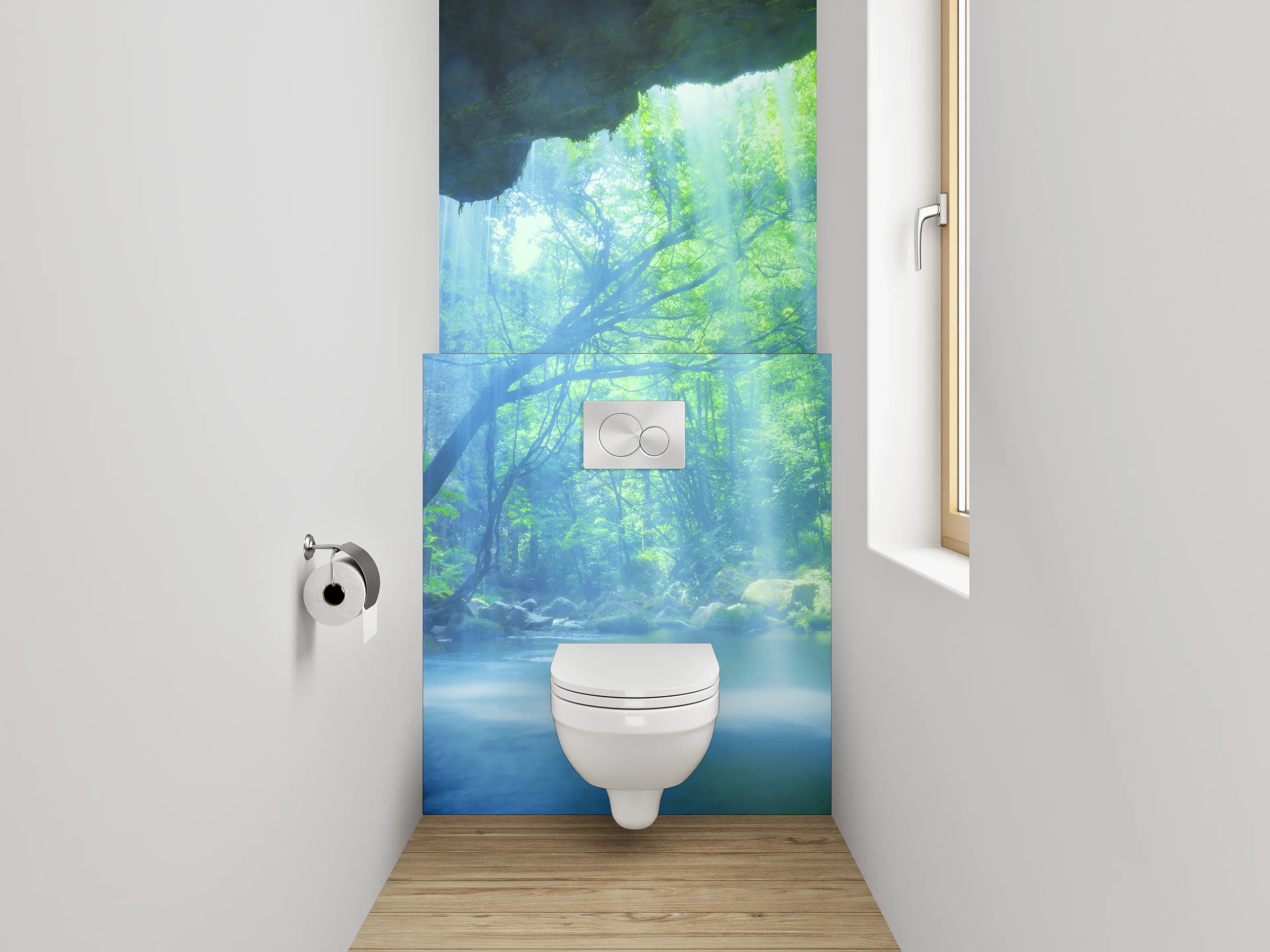 WC-Rückwand - Silberschimmernde Wasserfälle im Nebelwald