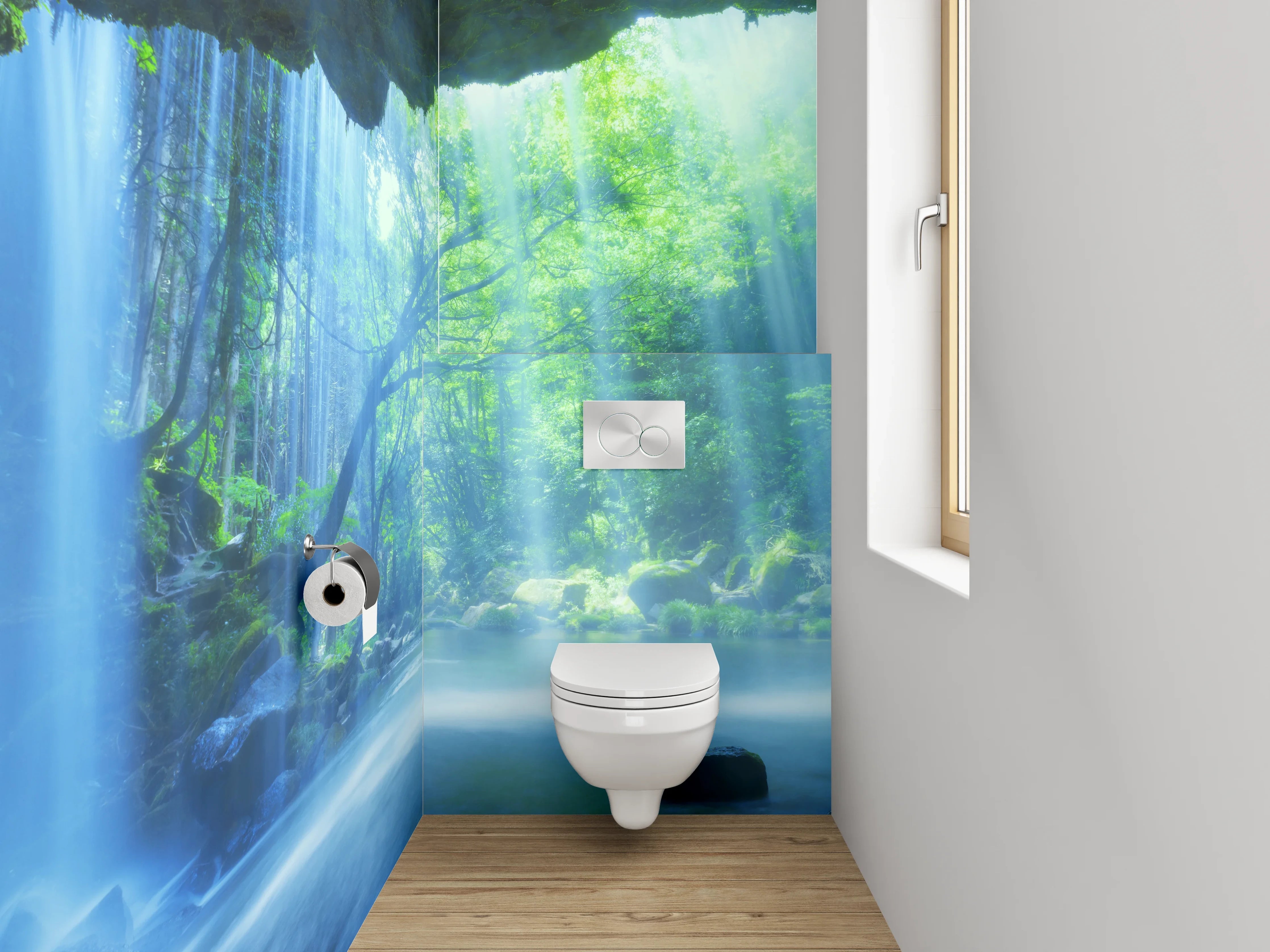 WC-Rückwand - Silberschimmernde Wasserfälle im Nebelwald