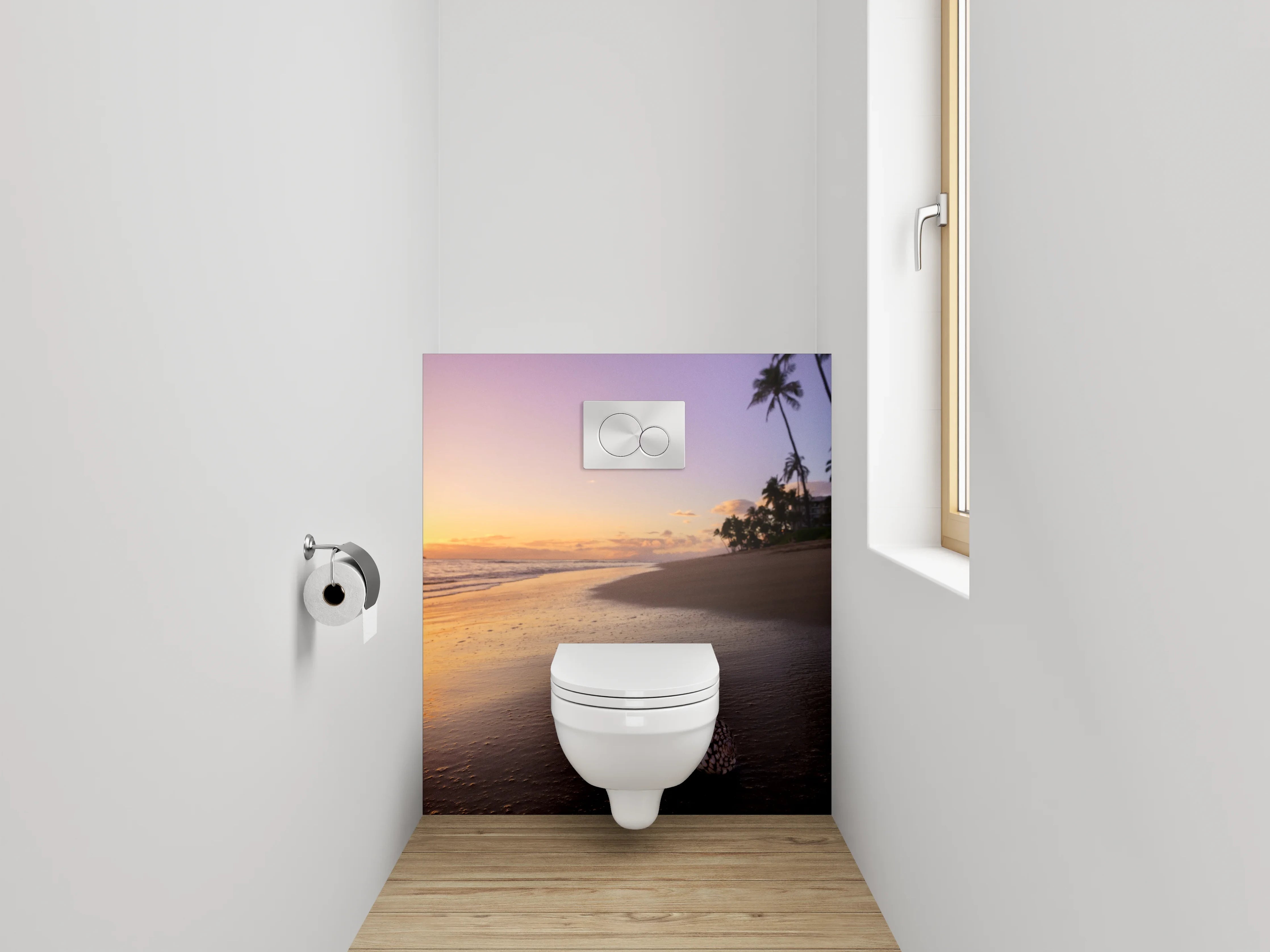 WC-Rückwand - Silbrige Dämmerung an Palmenküste