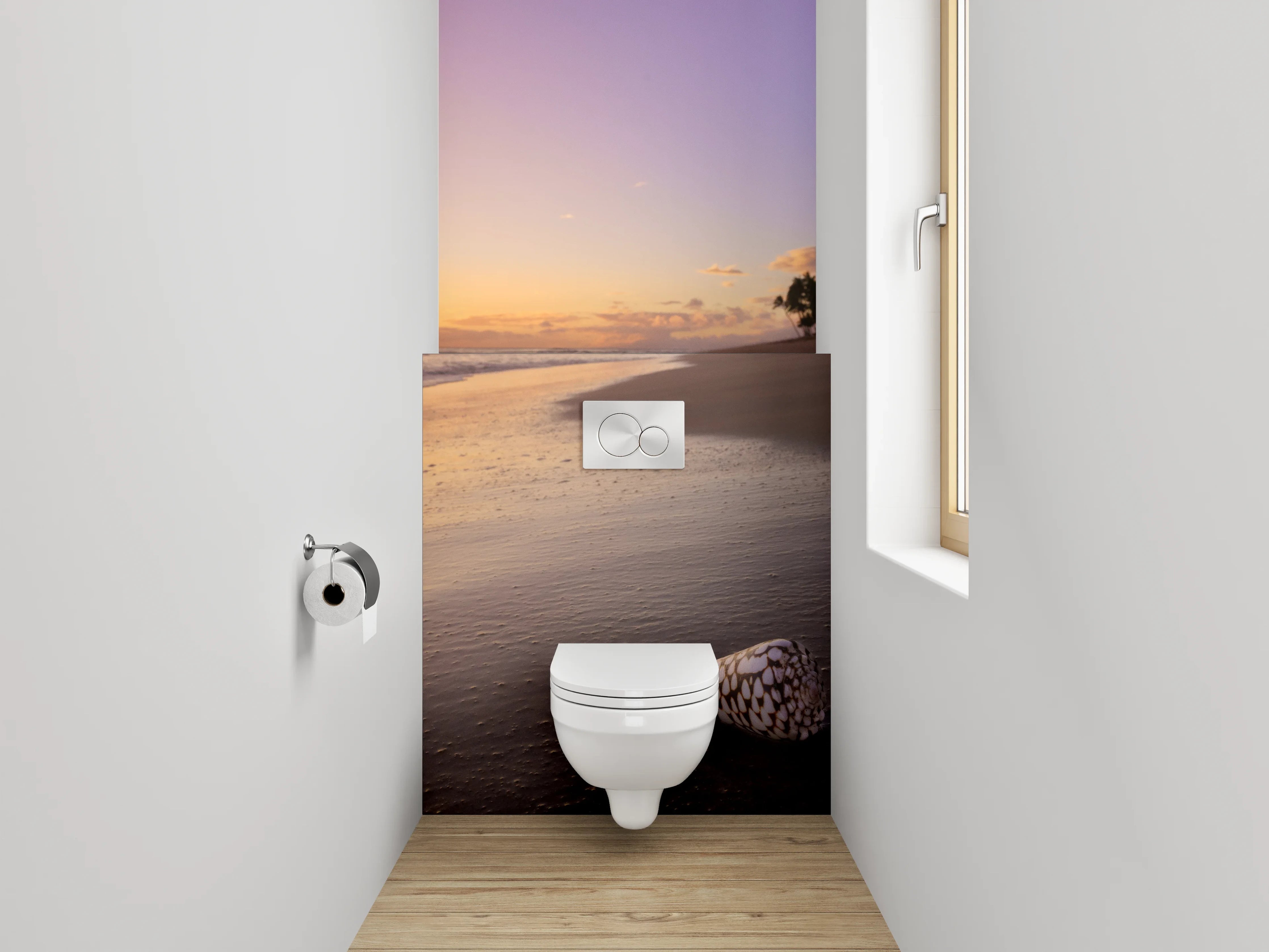 WC-Rückwand - Silbrige Dämmerung an Palmenküste