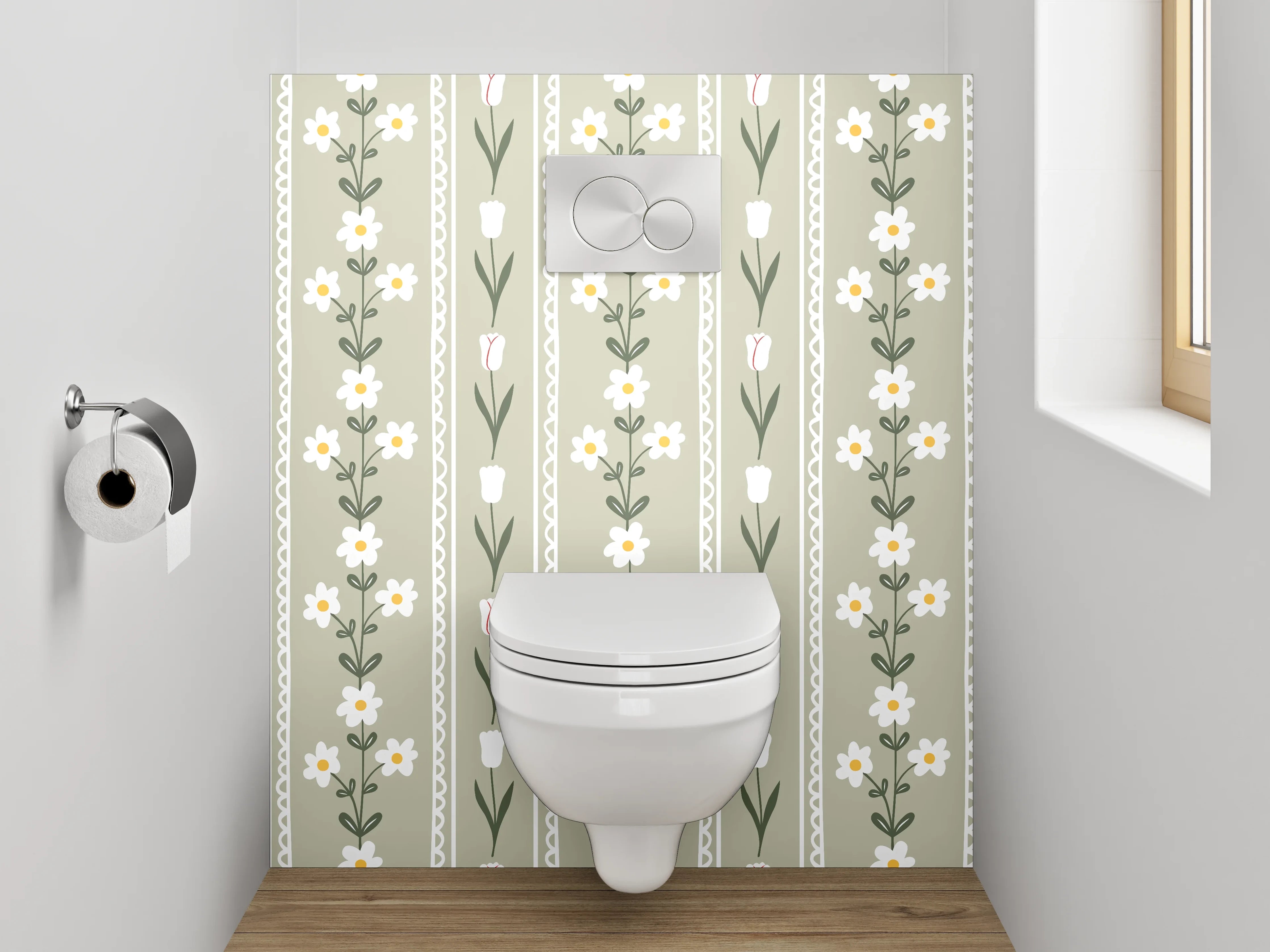 WC-Rückwand - Skandinavisches Blumenmuster in Beige Weiß Grün