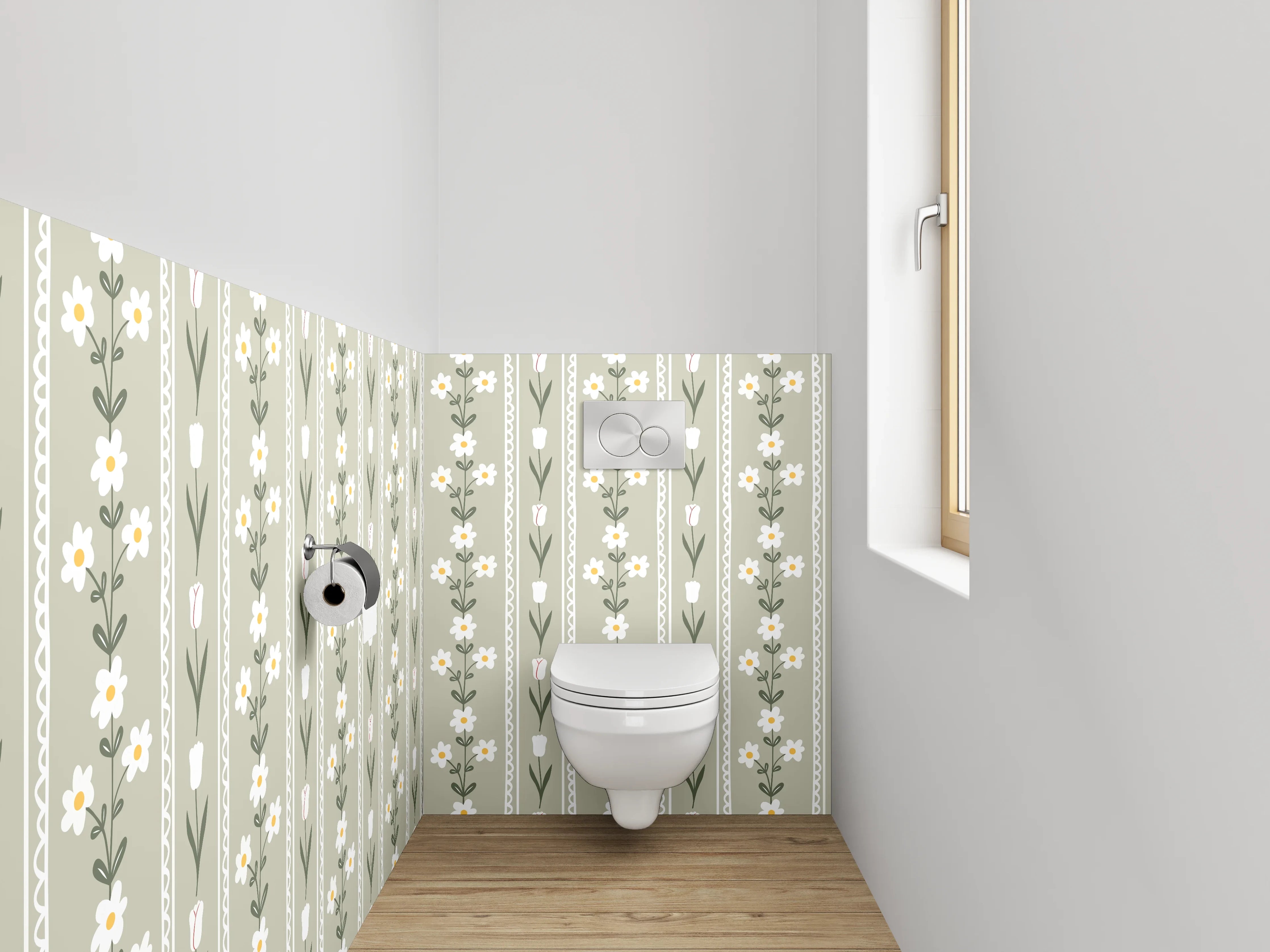WC-Rückwand - Skandinavisches Blumenmuster in Beige Weiß Grün