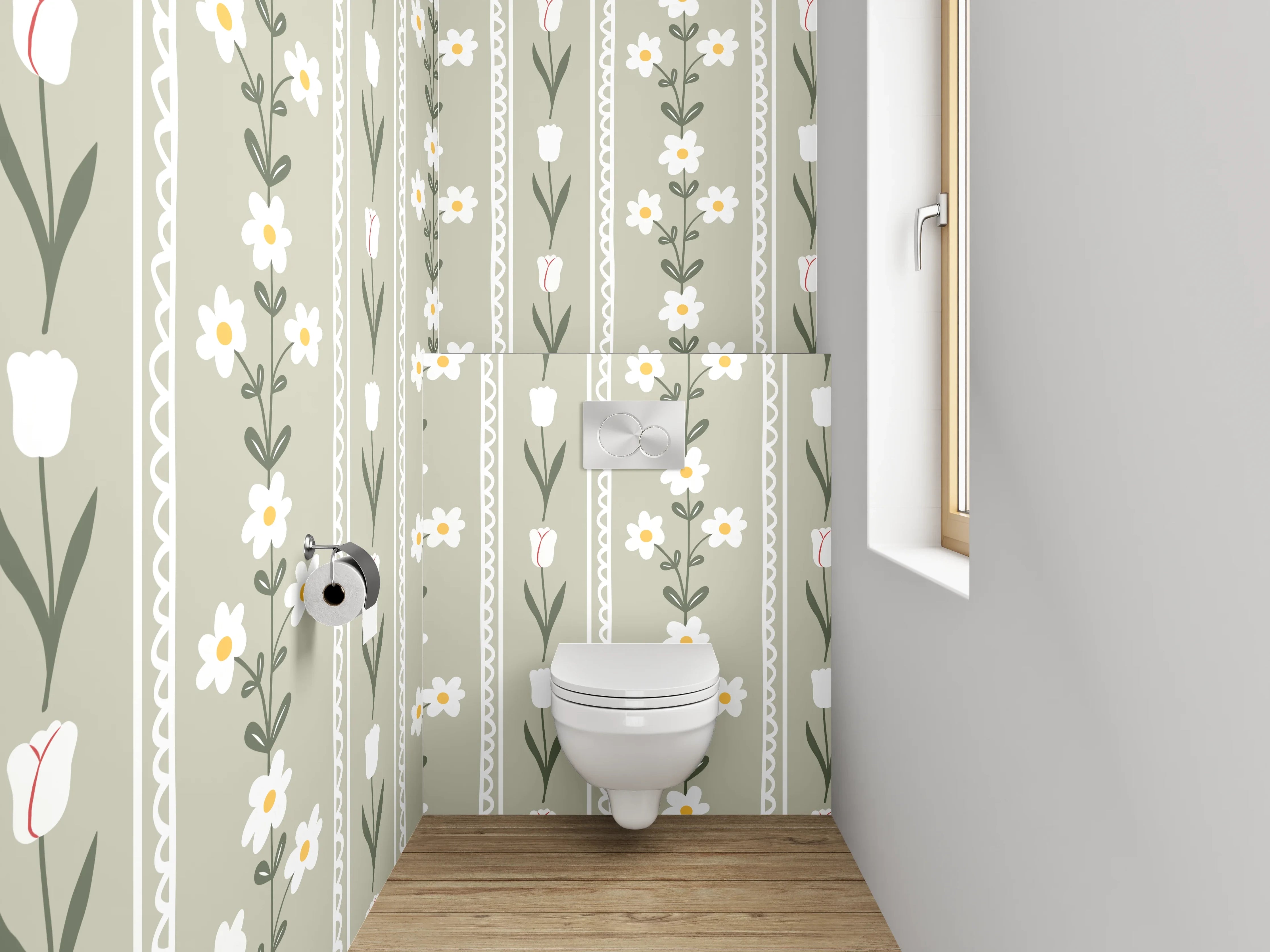WC-Rückwand - Skandinavisches Blumenmuster in Beige Weiß Grün