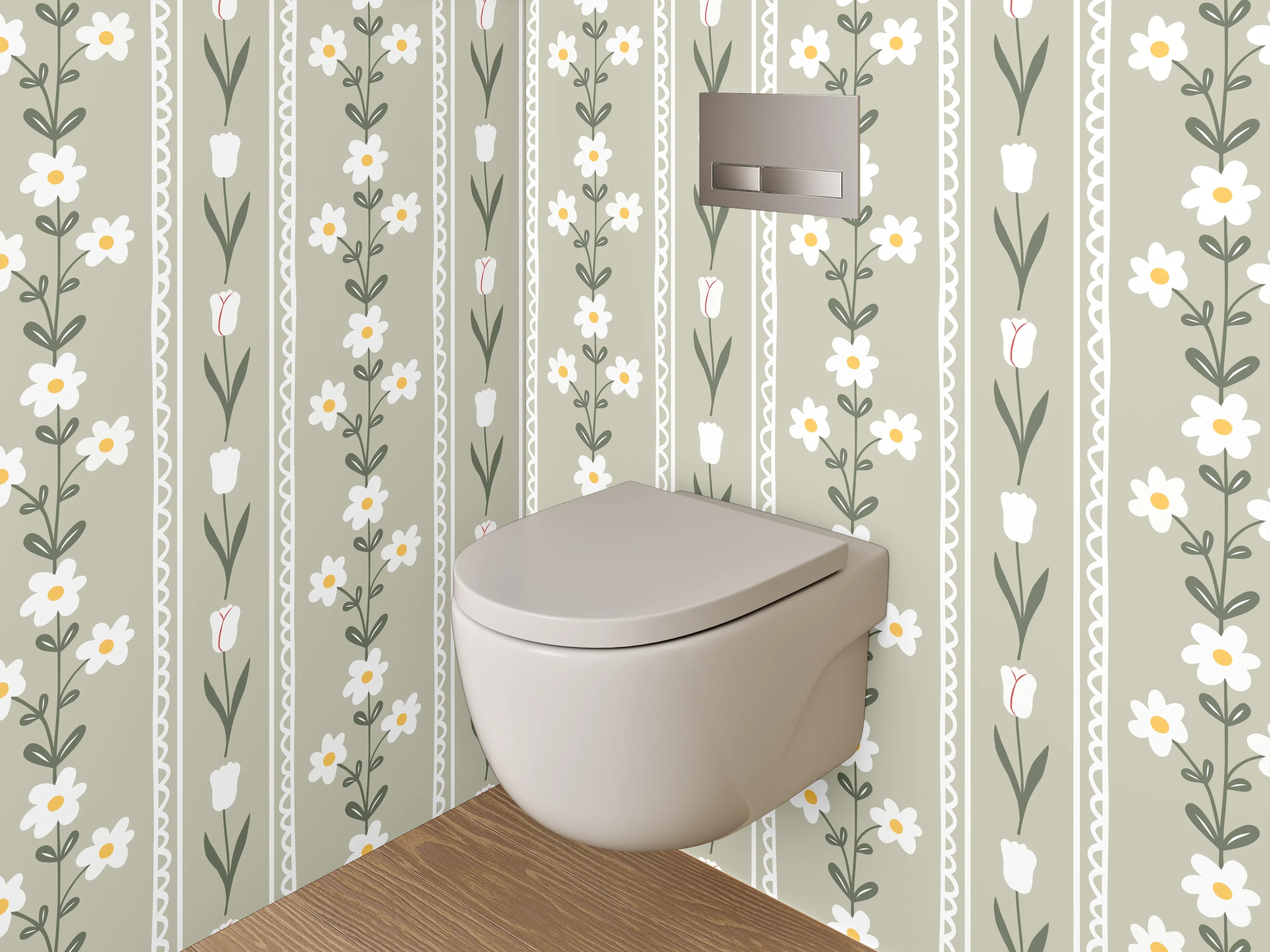 WC-Rückwand - Skandinavisches Blumenmuster in Beige Weiß Grün