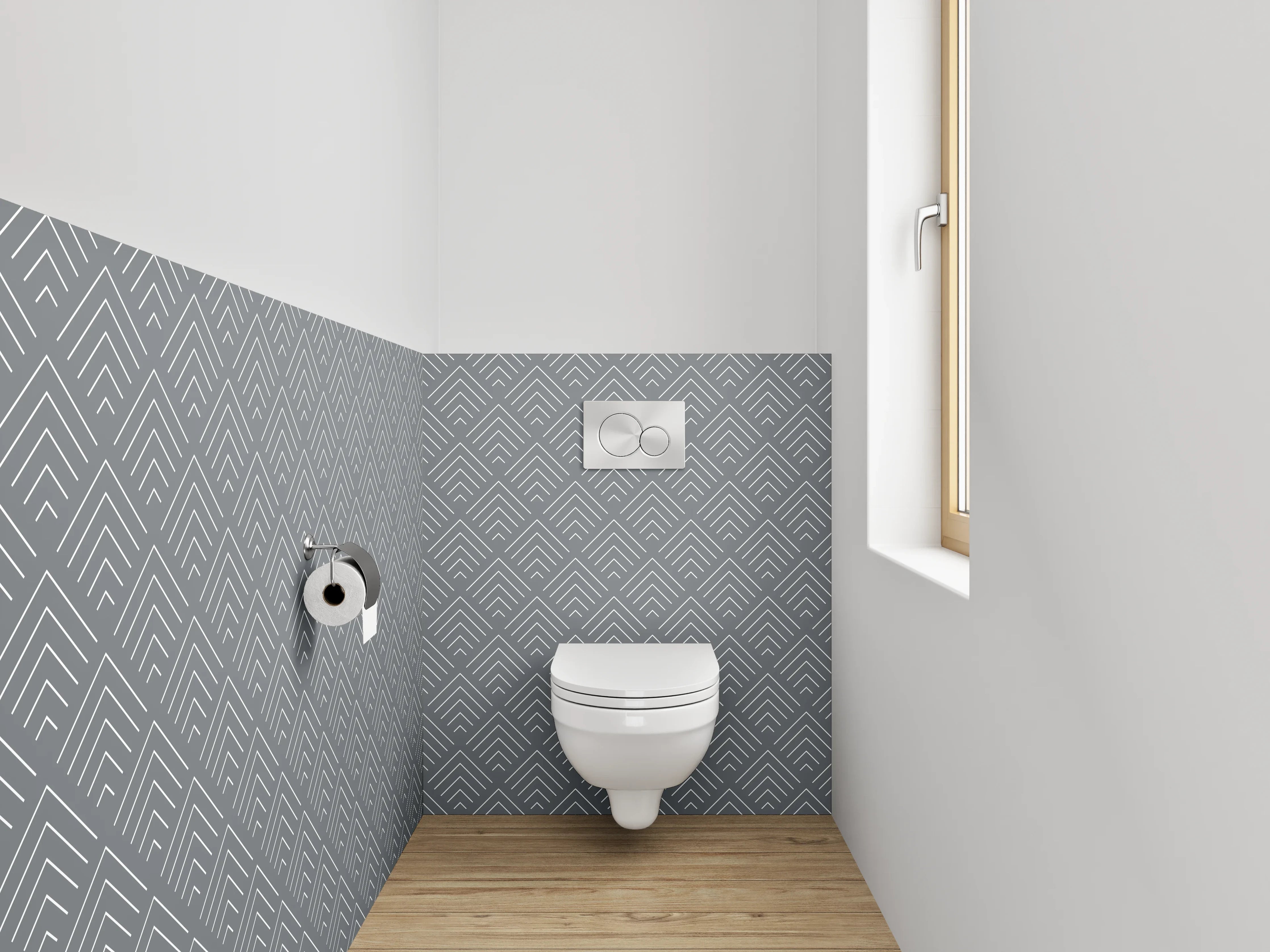 WC-Rückwand - Skandinavisches Fischgrätmuster Grau-Weiß