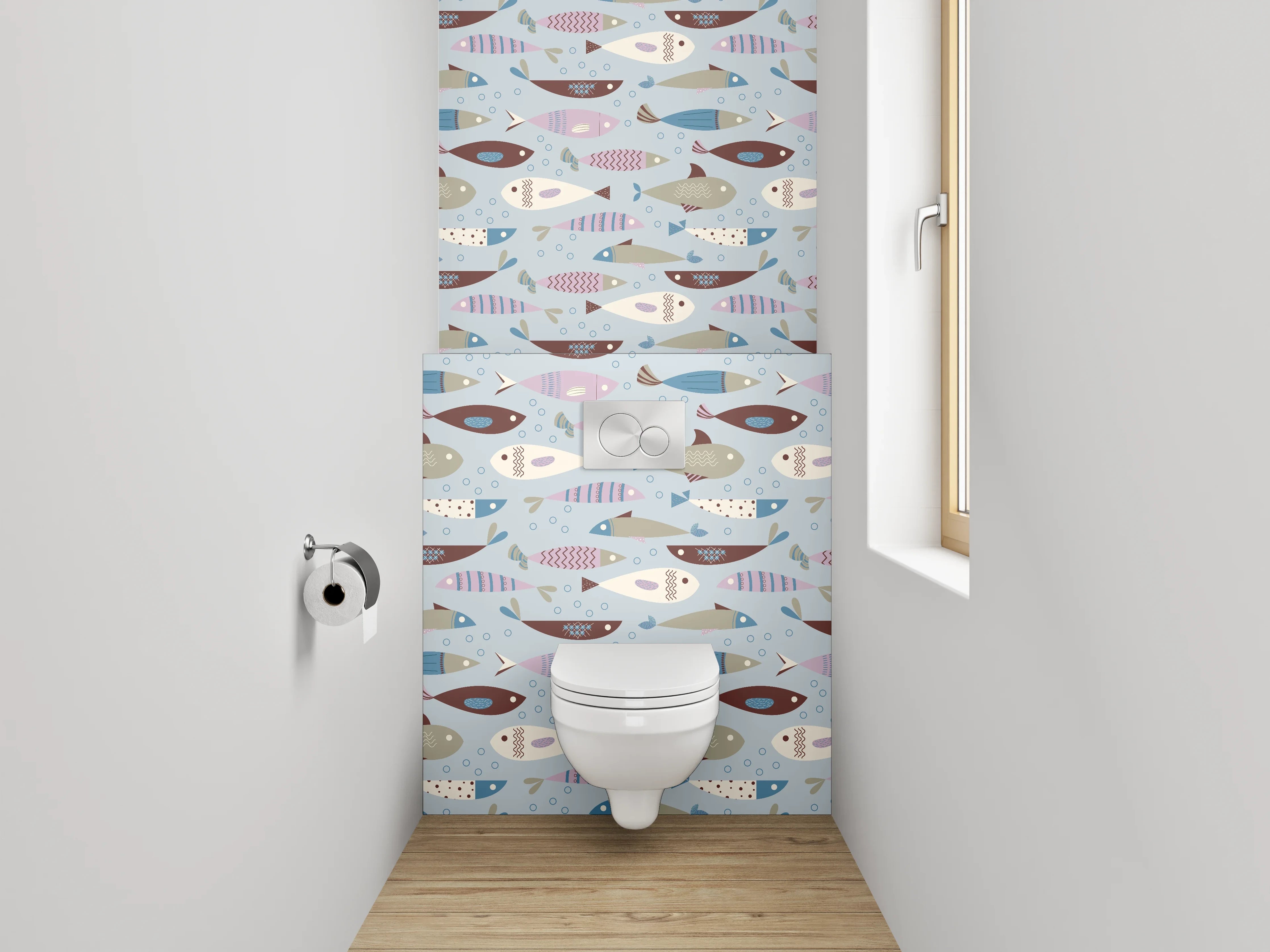 WC-Rückwand - Skandinavisches Fischmuster Kinderzimmer Blau