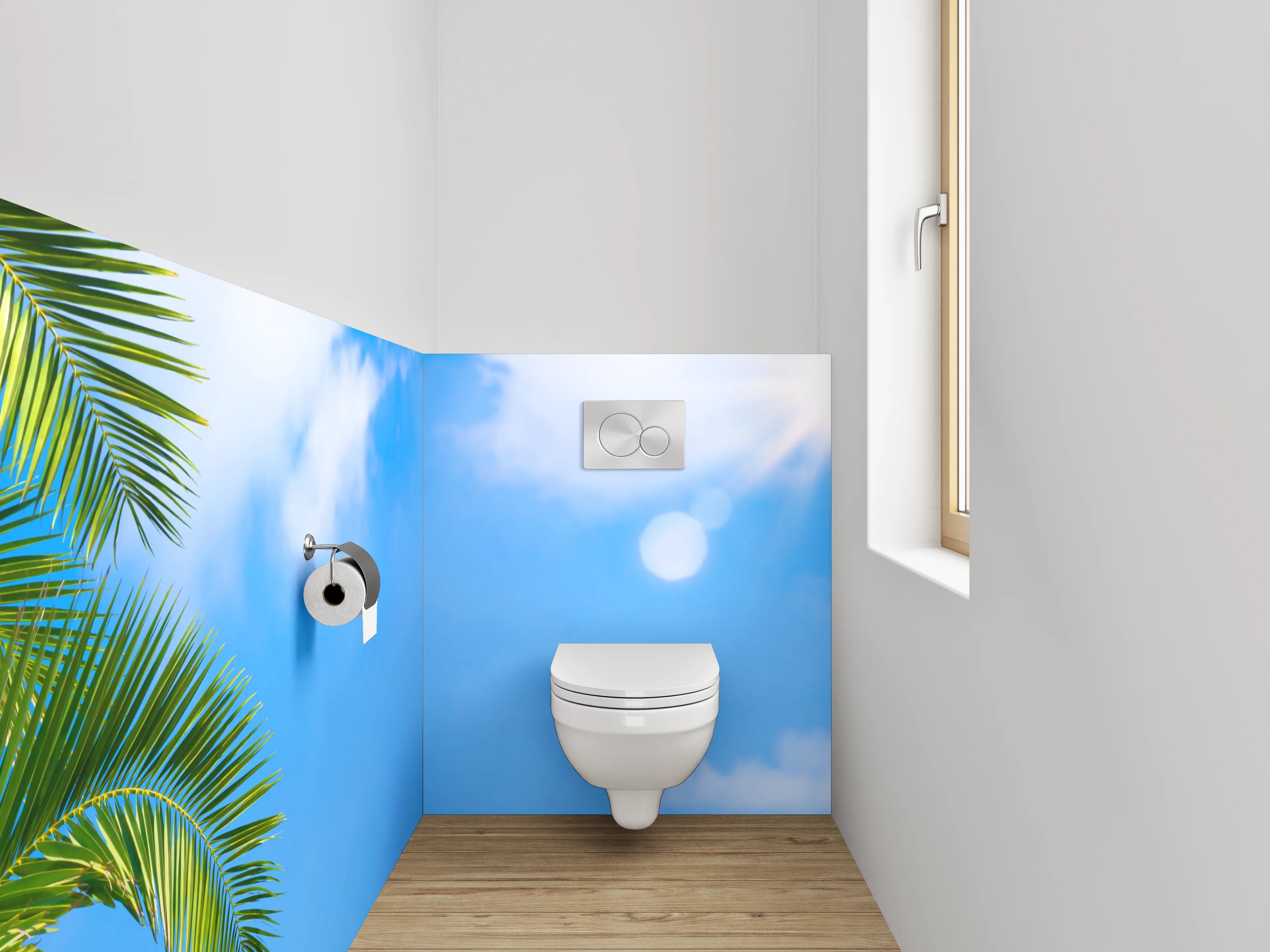 WC-Rückwand - Sommerlicher Himmel mit Palmenblatt