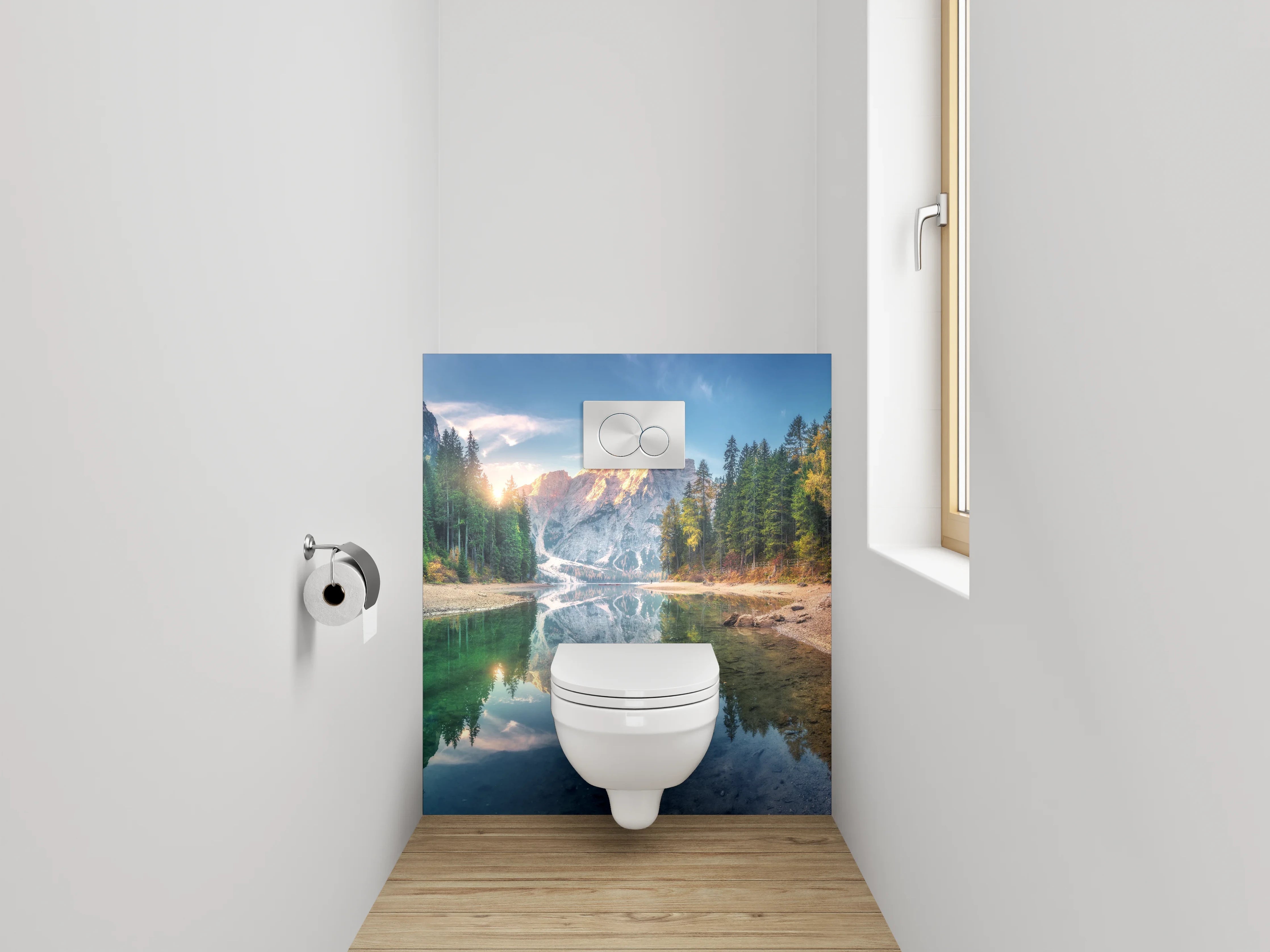 WC-Rückwand - Sonnenaufgang am Bergsee Panorama