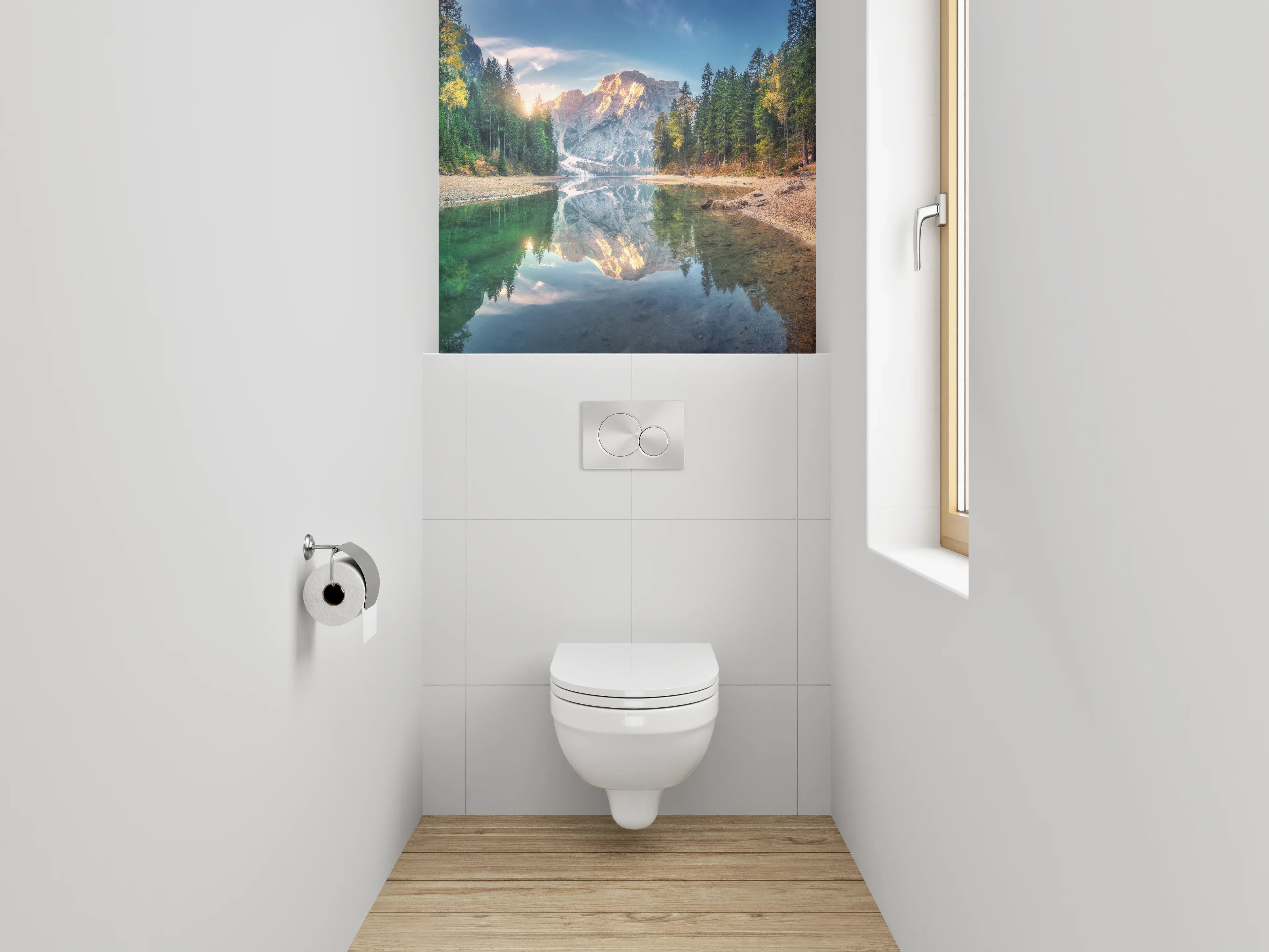 WC-Rückwand - Sonnenaufgang am Bergsee Panorama