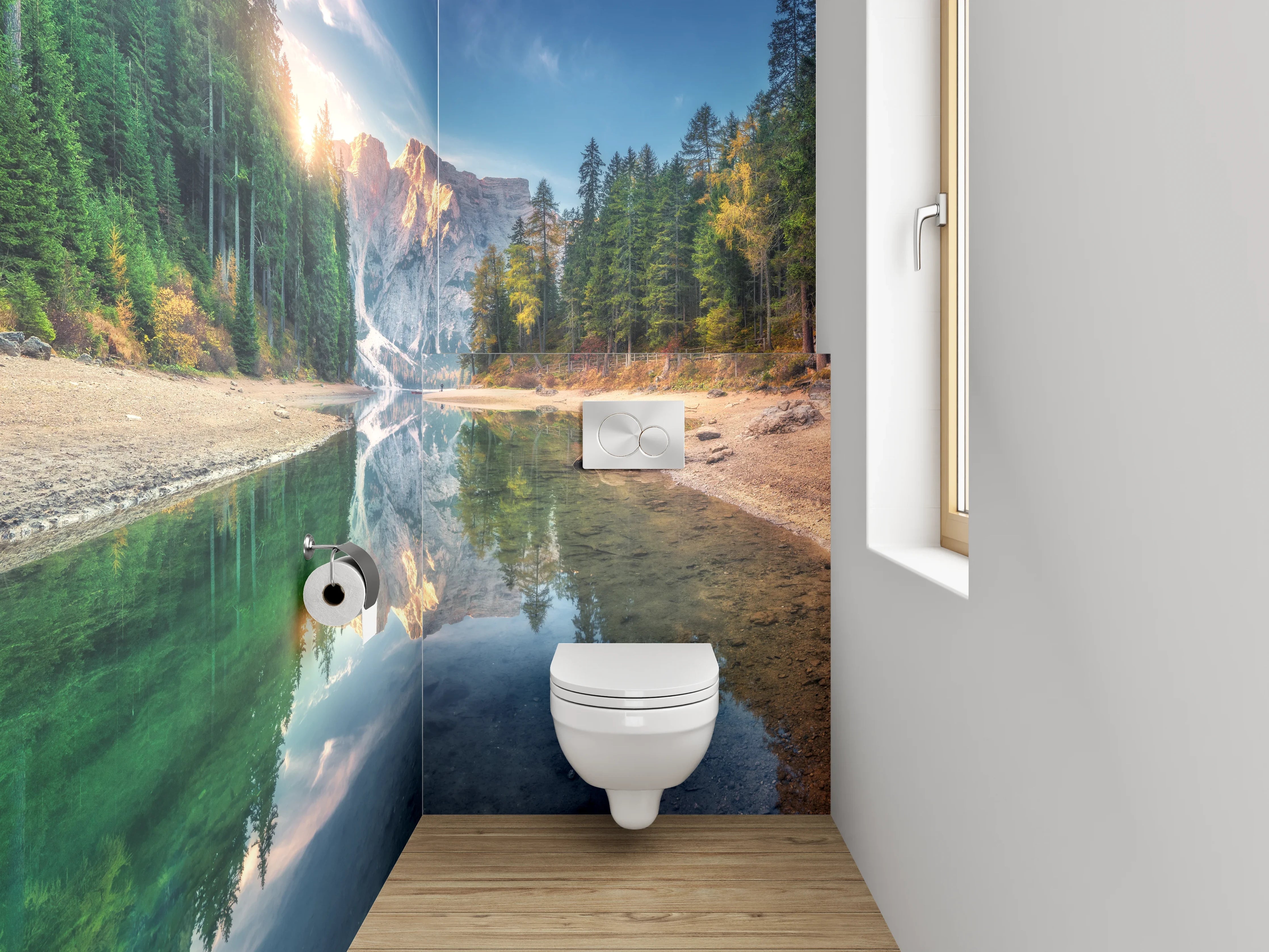 WC-Rückwand - Sonnenaufgang am Bergsee Panorama