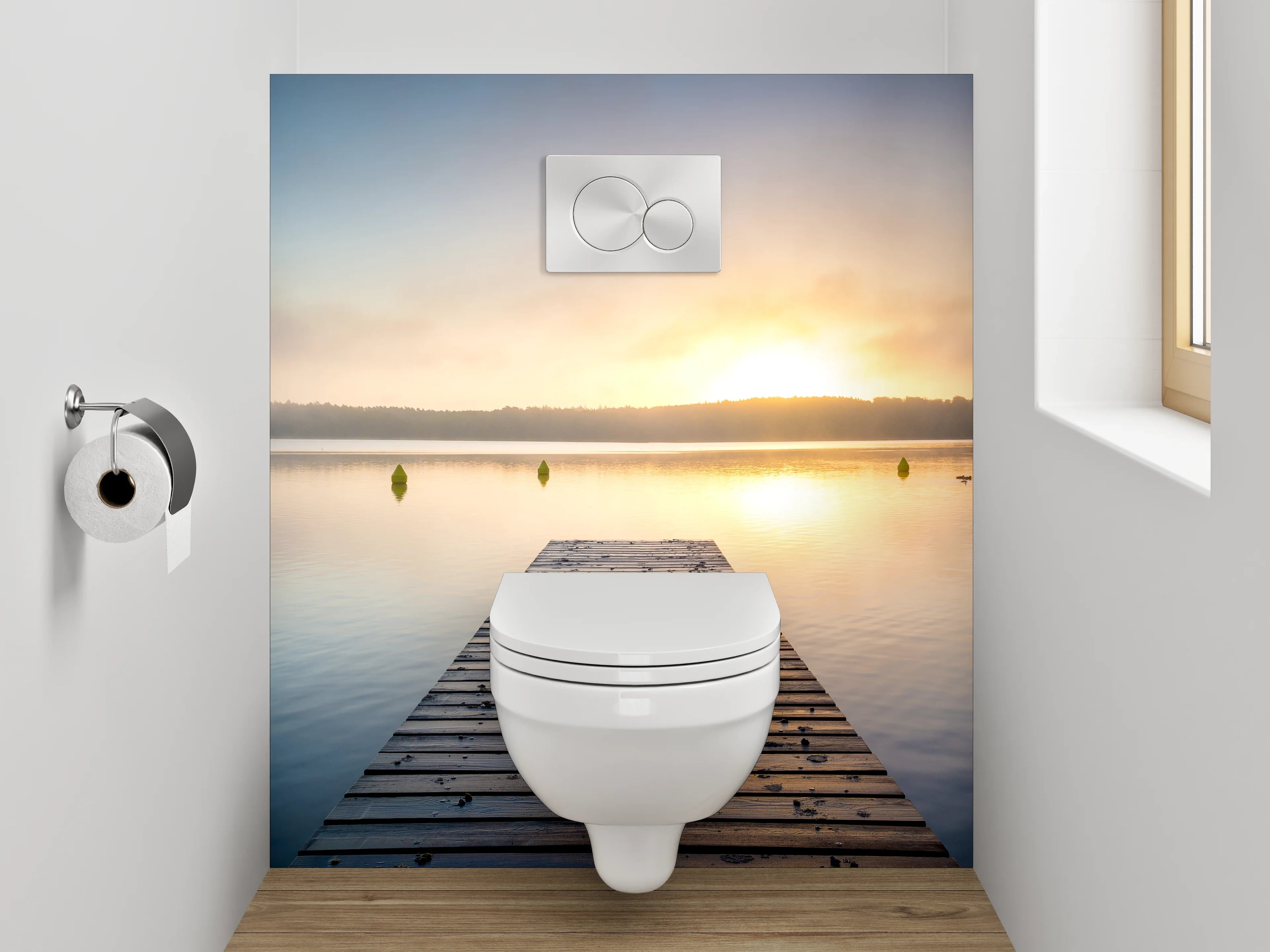 WC-Rückwand - Sonnenaufgang am See Steg Panorama