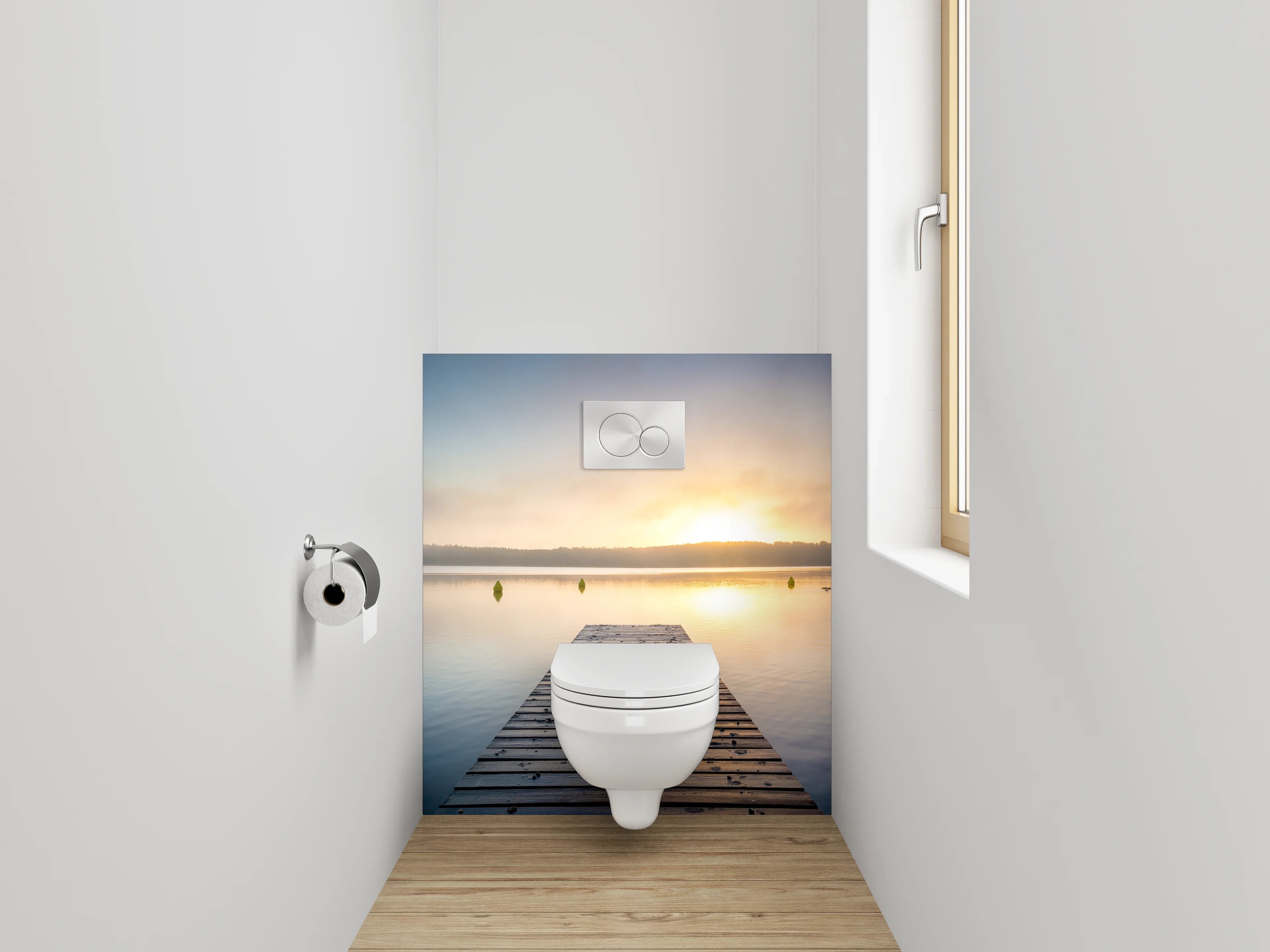WC-Rückwand - Sonnenaufgang am See Steg Panorama