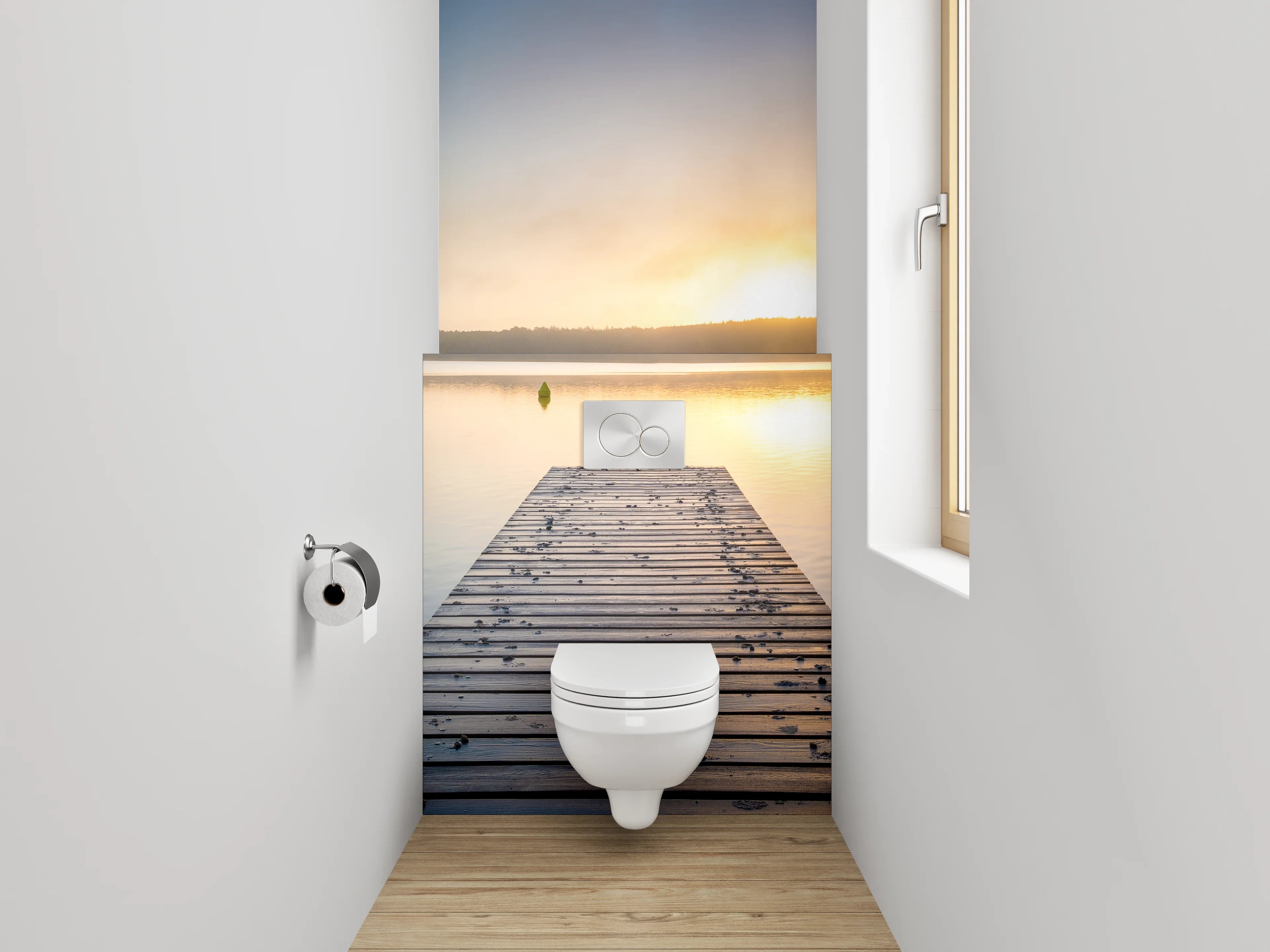 WC-Rückwand - Sonnenaufgang am See Steg Panorama