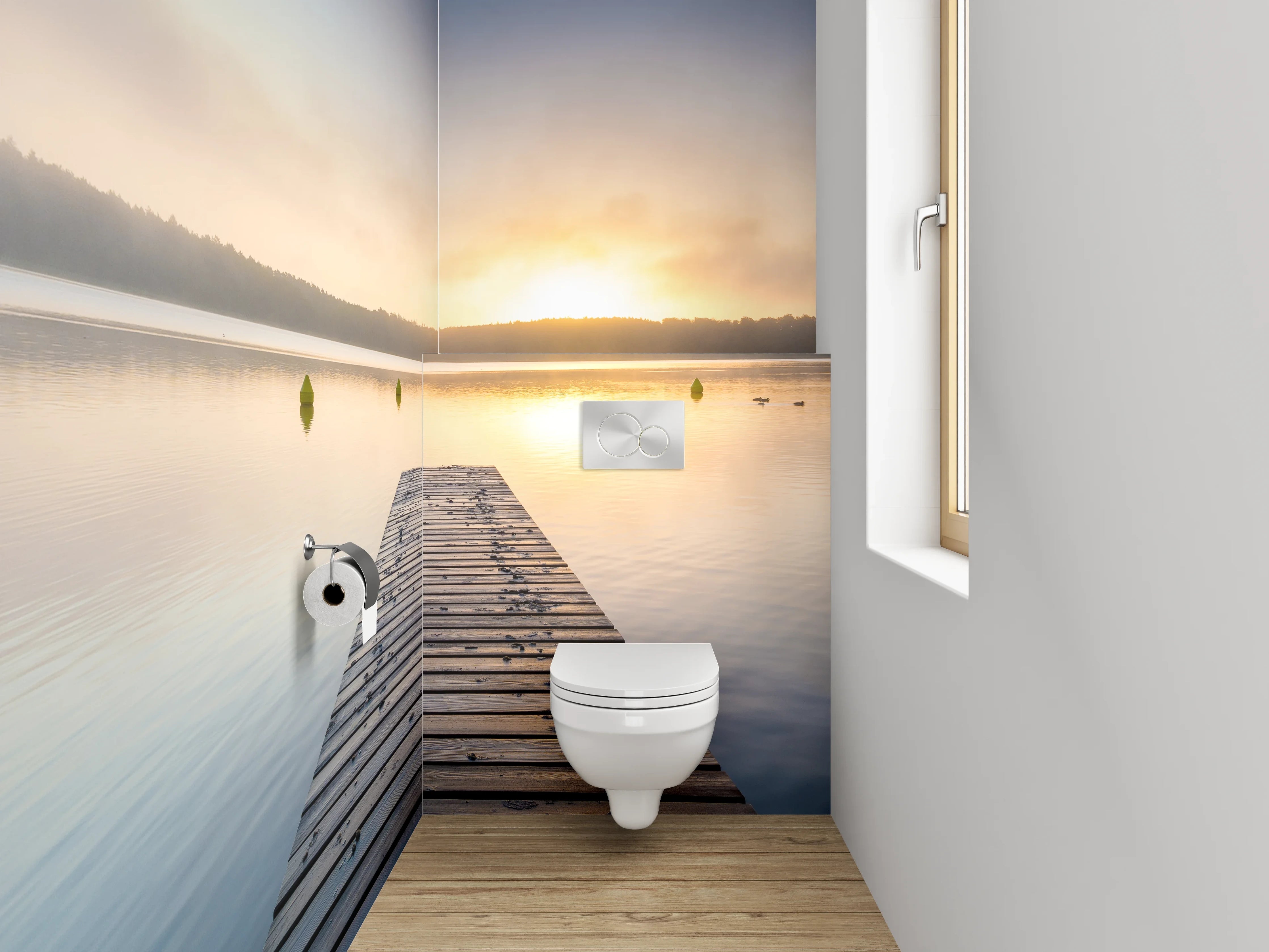 WC-Rückwand - Sonnenaufgang am See Steg Panorama