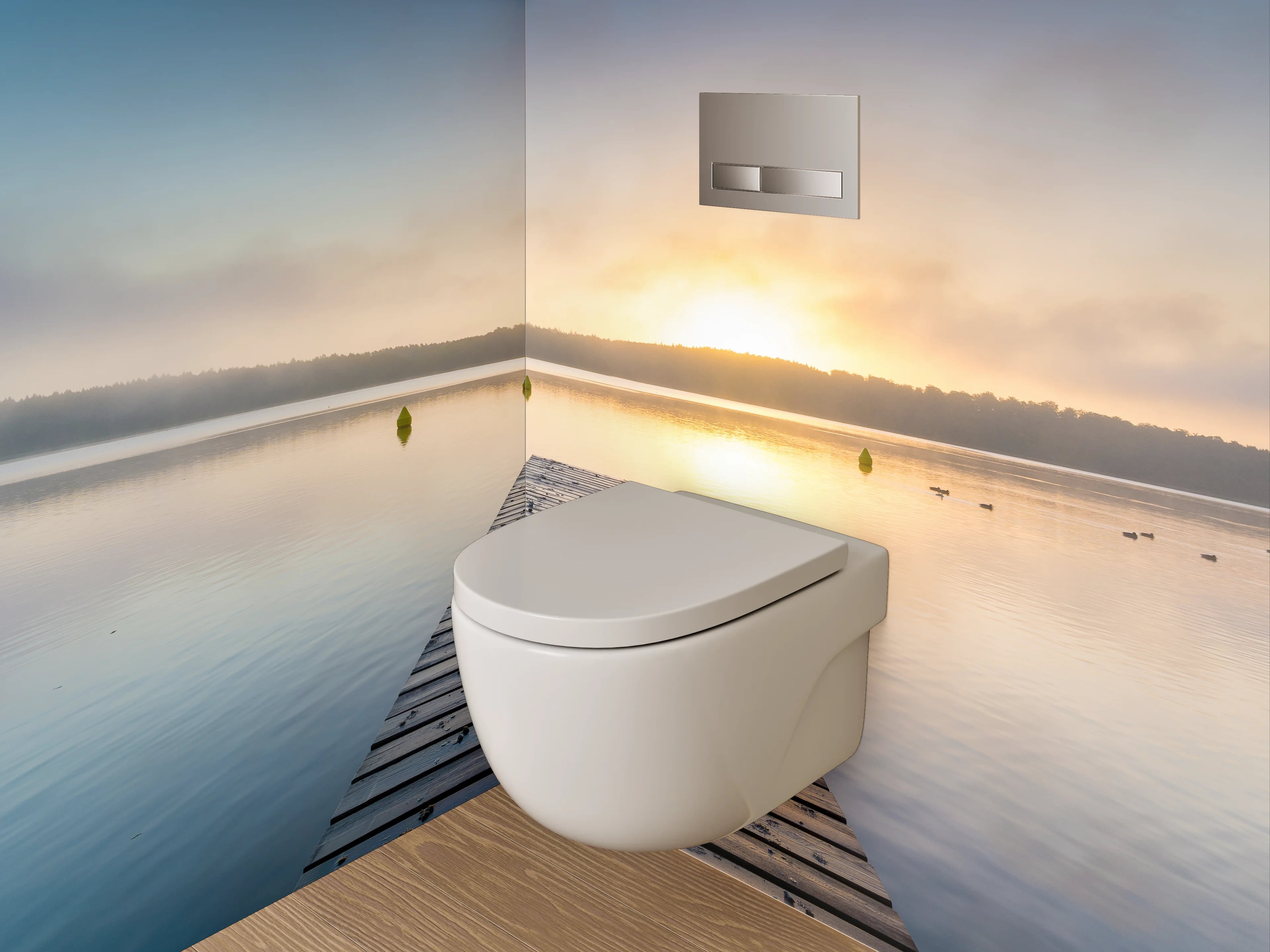 WC-Rückwand - Sonnenaufgang am See Steg Panorama
