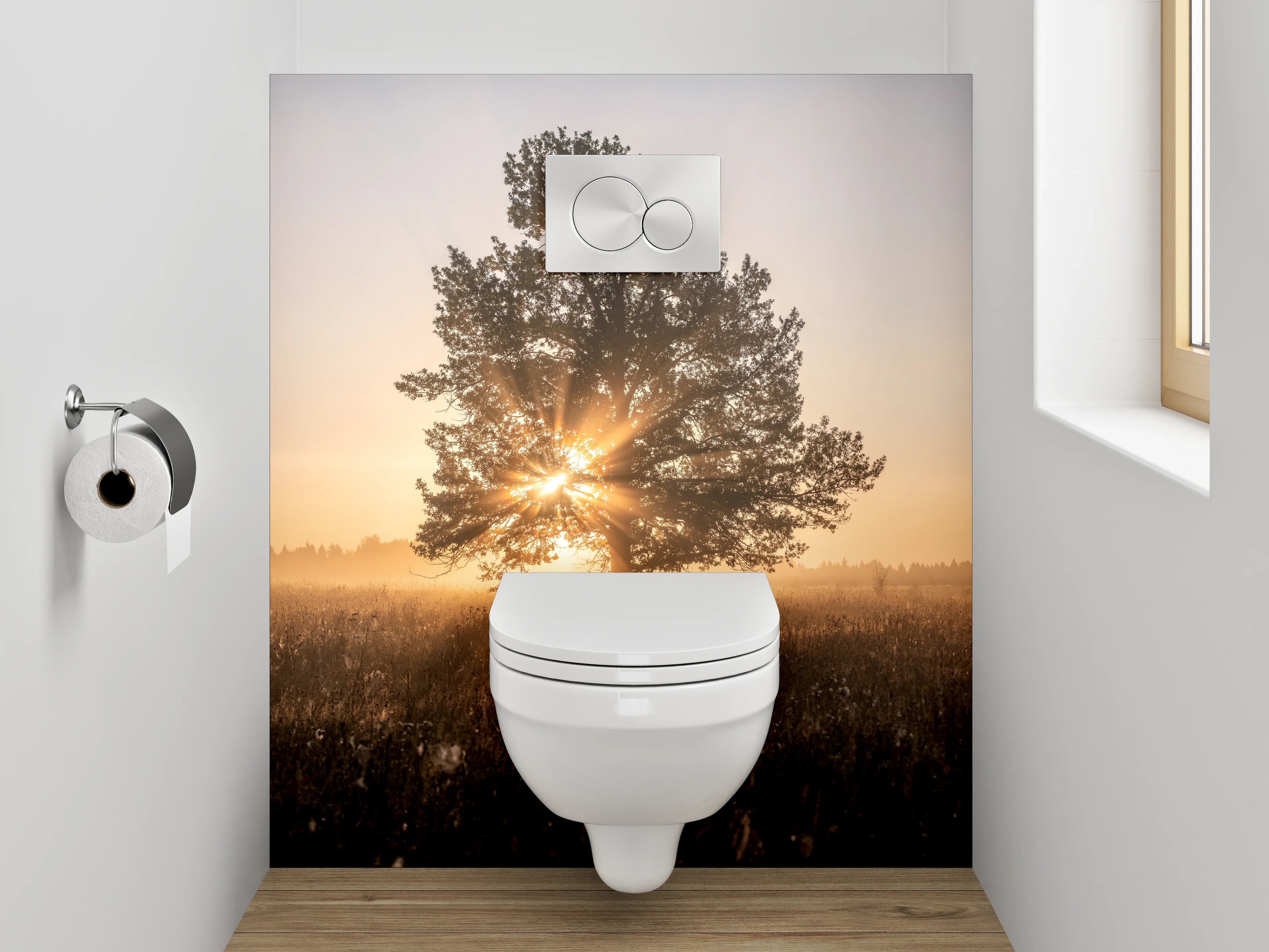 WC-Rückwand - Sonnenaufgang hinter Baum im Feld