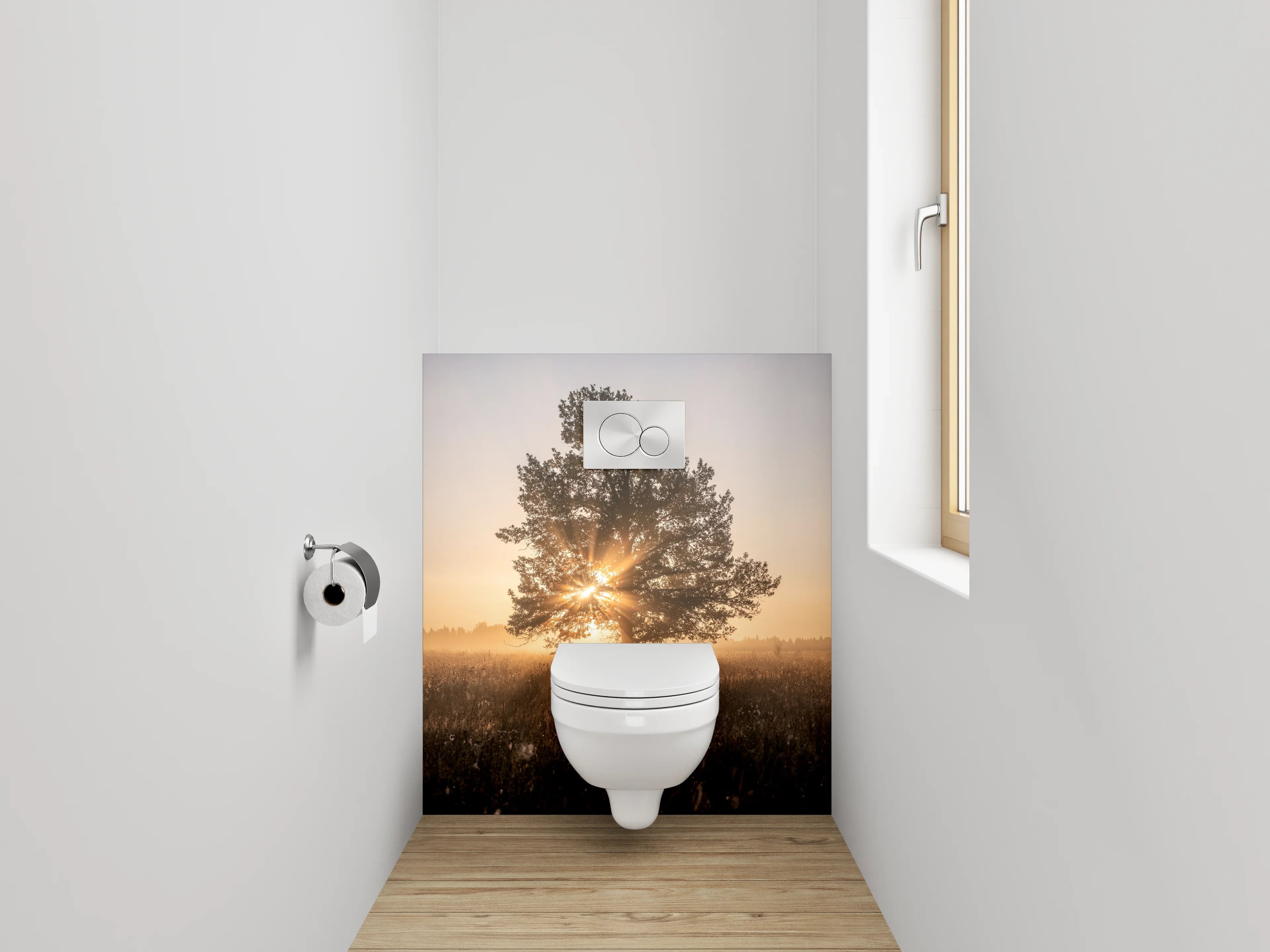 WC-Rückwand - Sonnenaufgang hinter Baum im Feld
