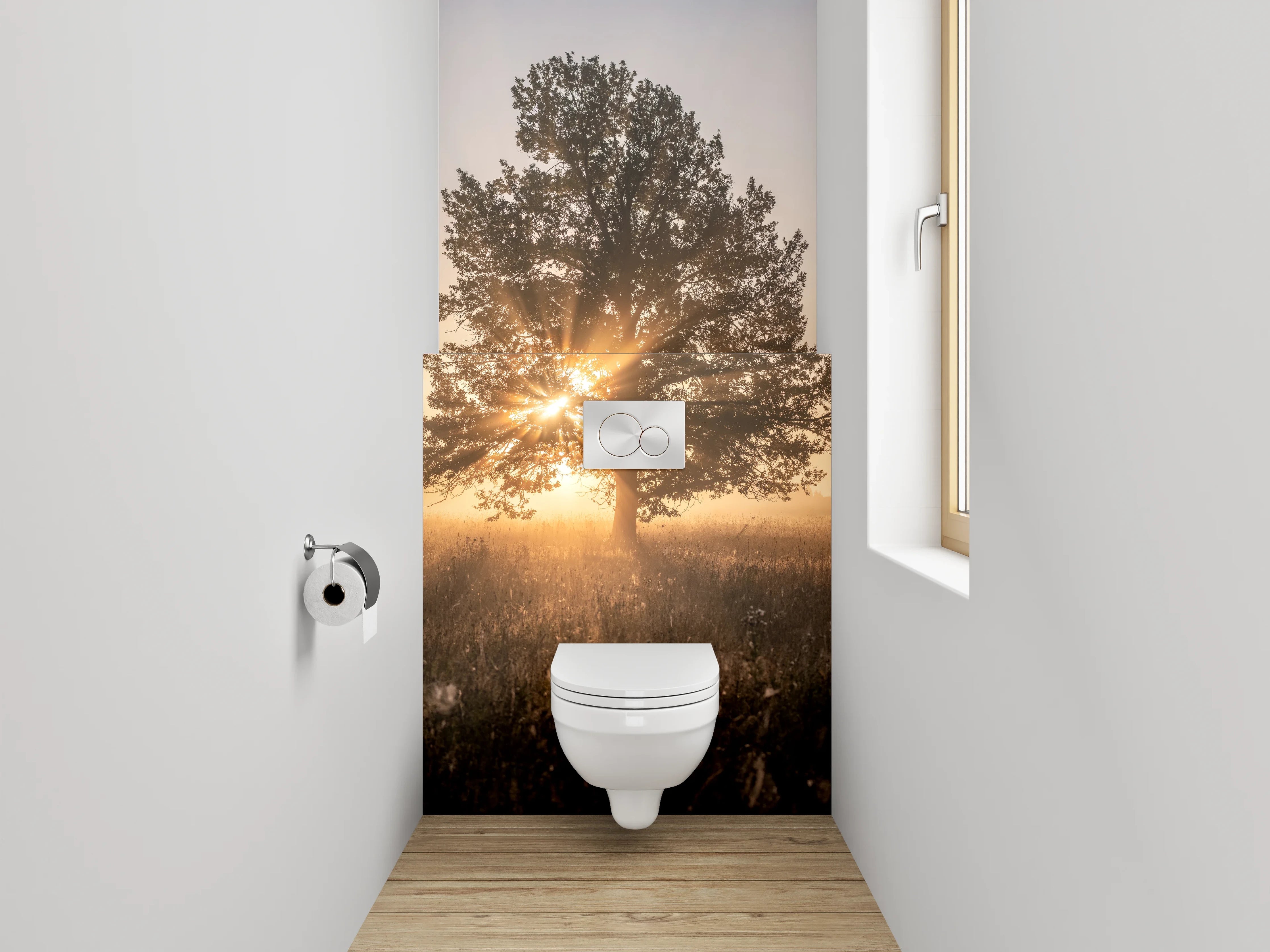 WC-Rückwand - Sonnenaufgang hinter Baum im Feld