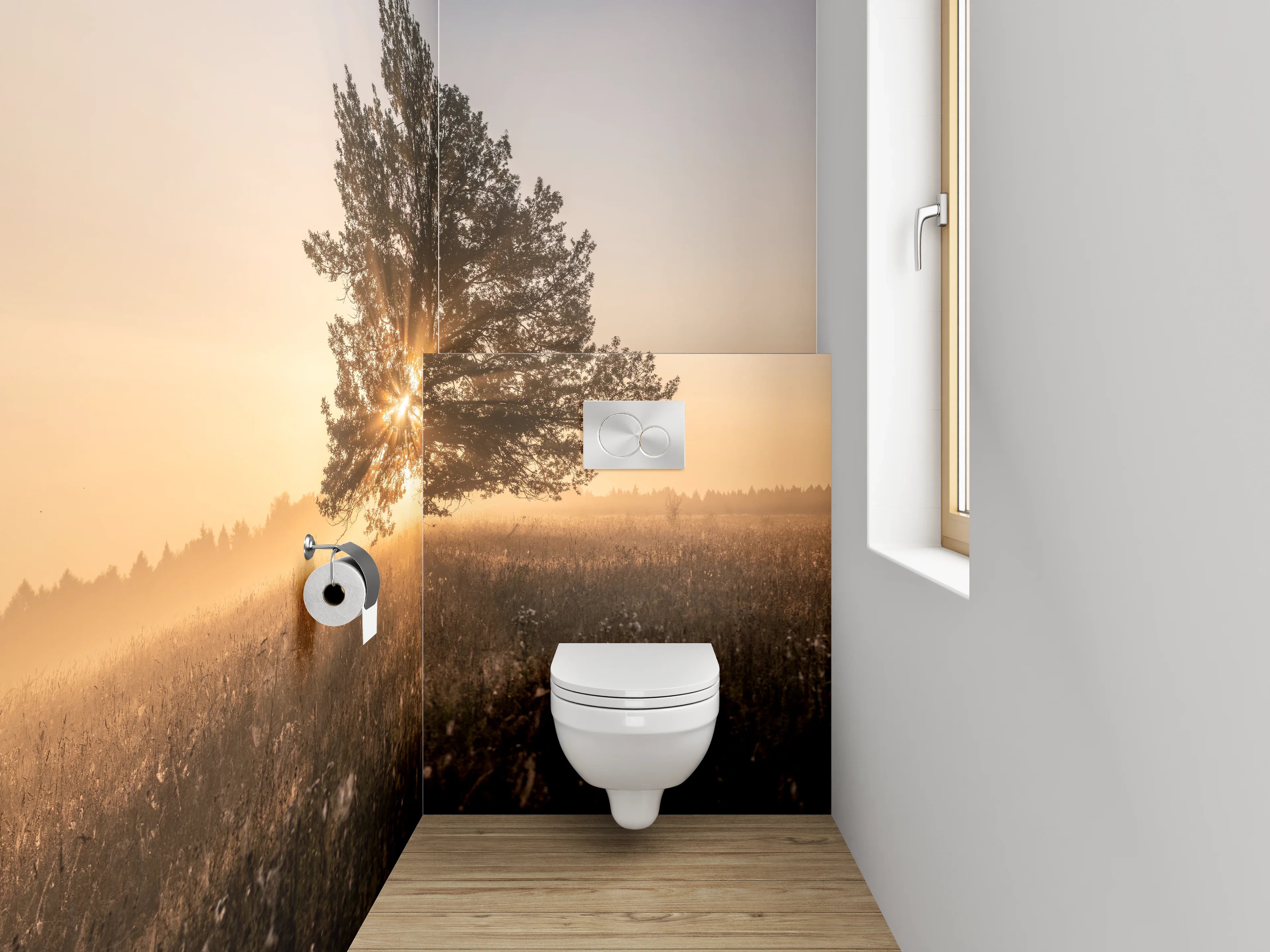 WC-Rückwand - Sonnenaufgang hinter Baum im Feld