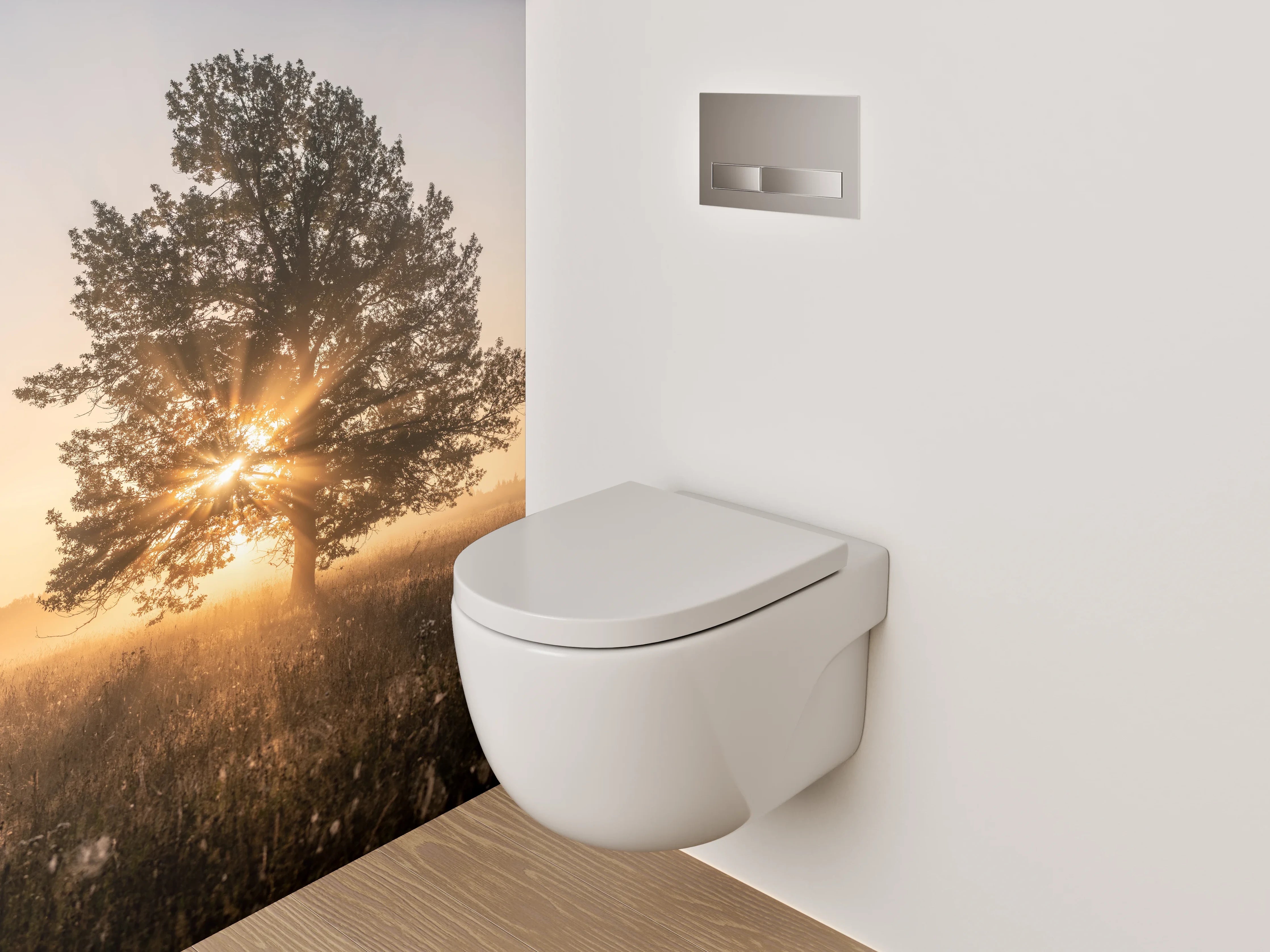 WC-Rückwand - Sonnenaufgang hinter Baum im Feld