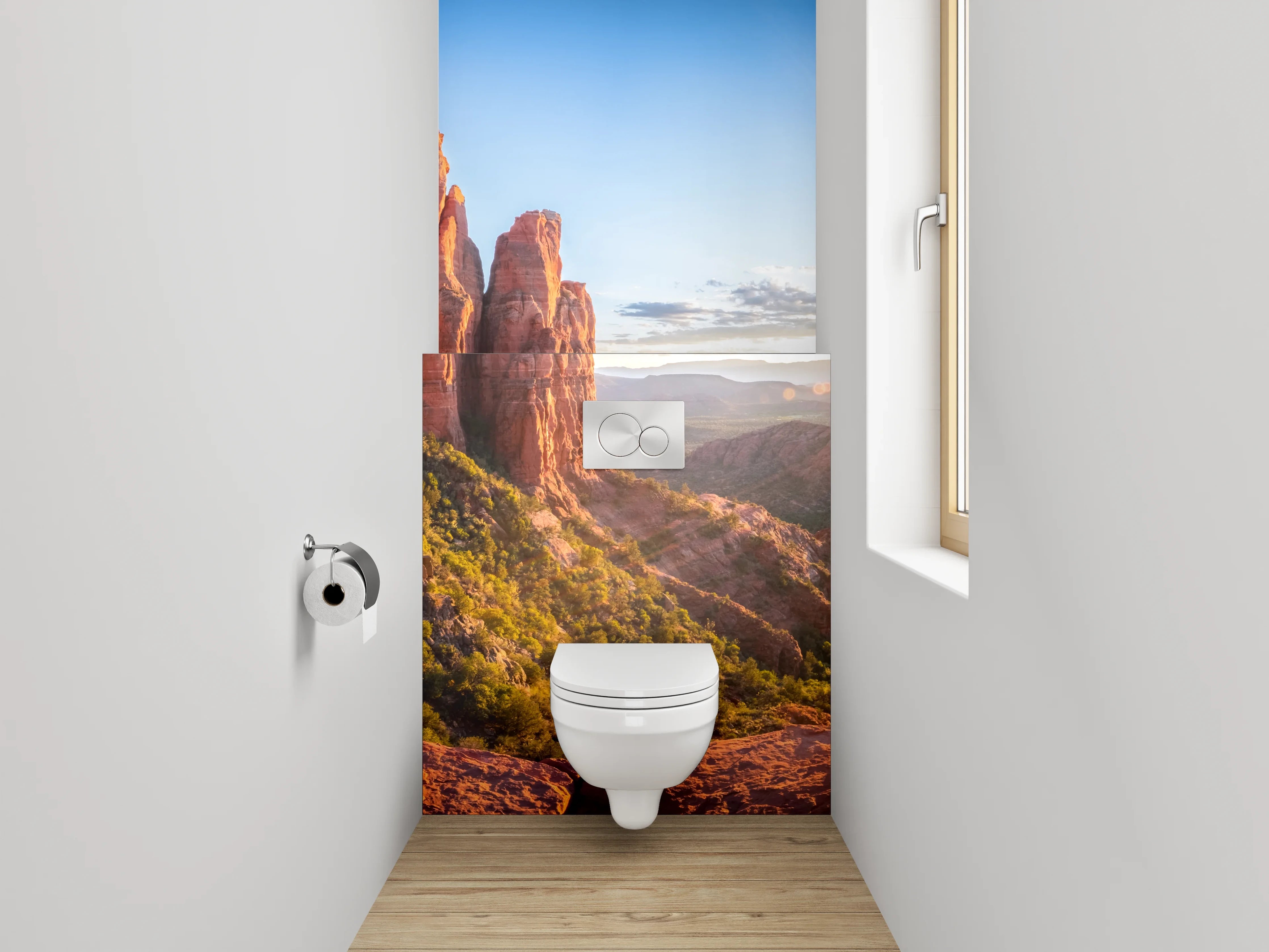 WC-Rückwand - Sonnenaufgang im Felsental Panorama
