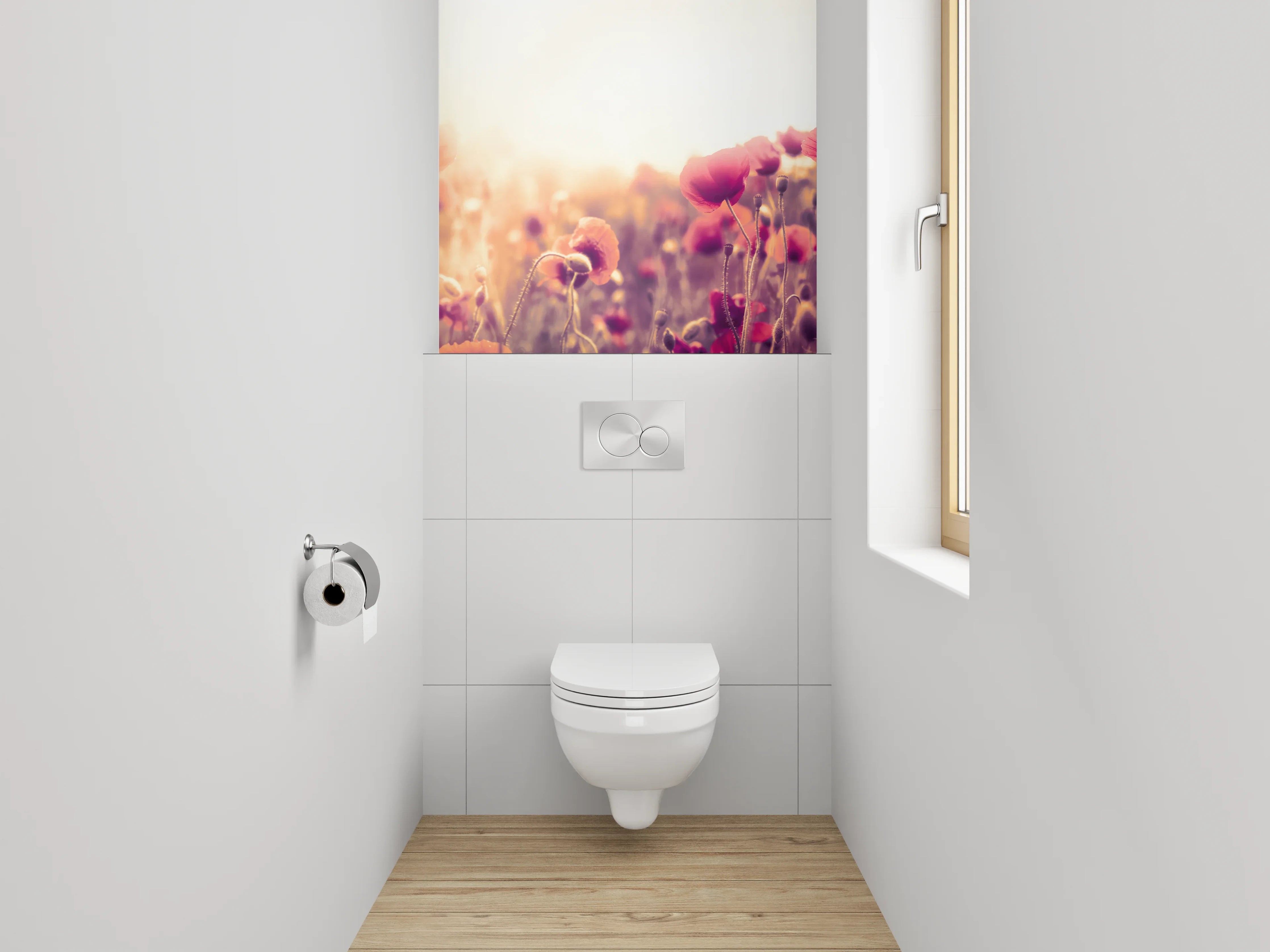 WC-Rückwand - Sonnenaufgang im Mohnblumenfeld Panorama