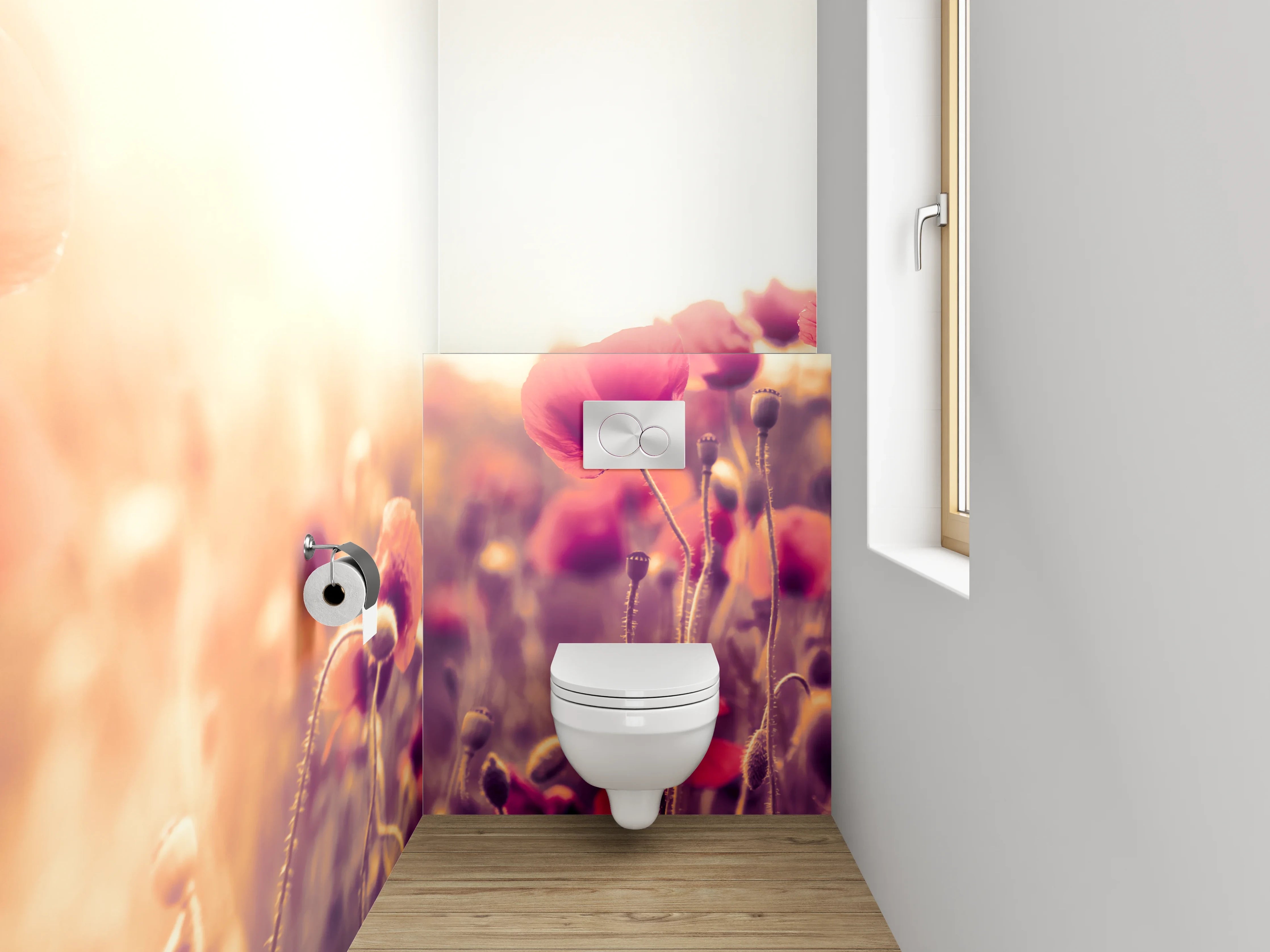 WC-Rückwand - Sonnenaufgang im Mohnblumenfeld Panorama