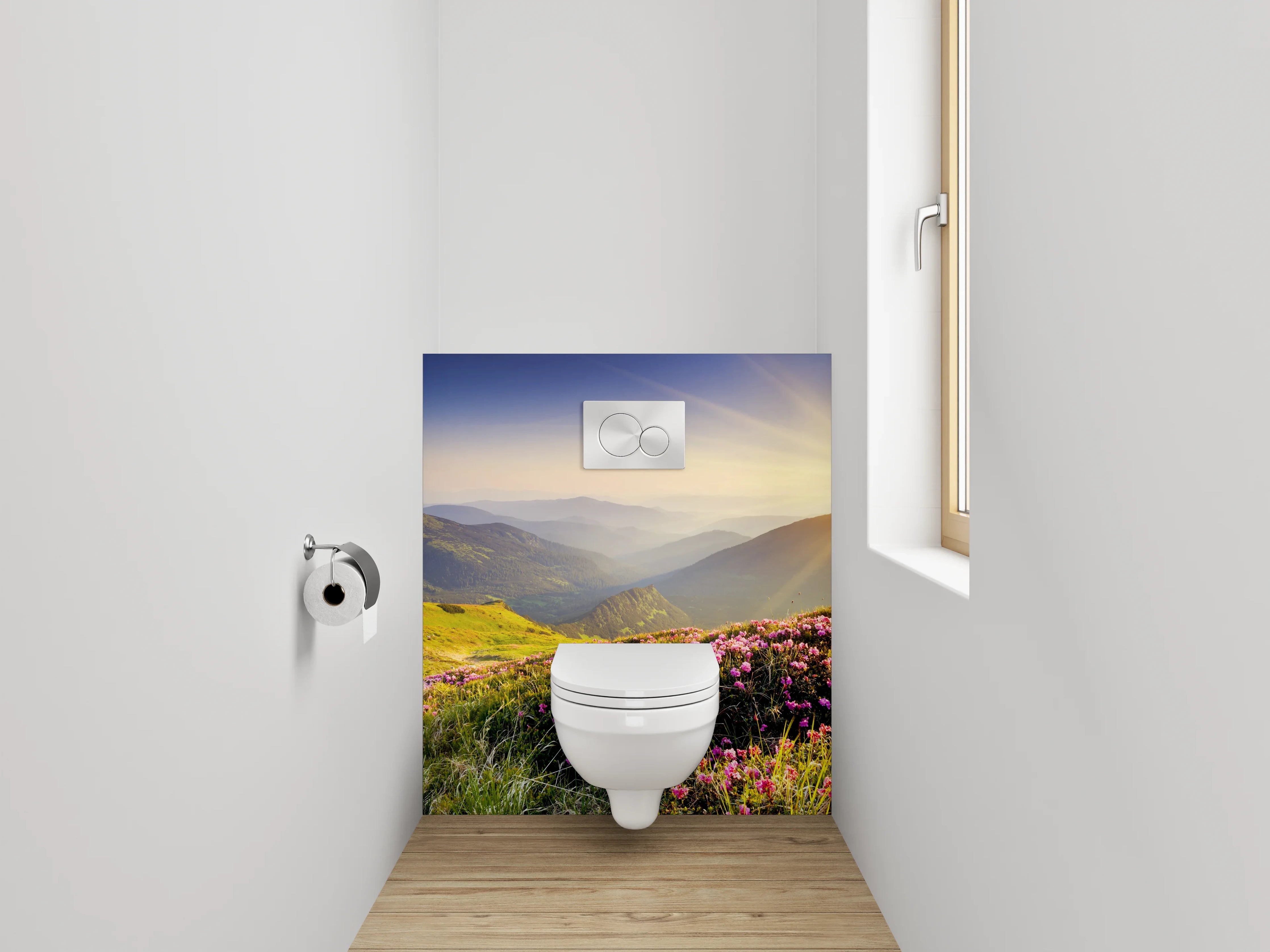 WC-Rückwand - Sonnenaufgang in den Bergwiesen