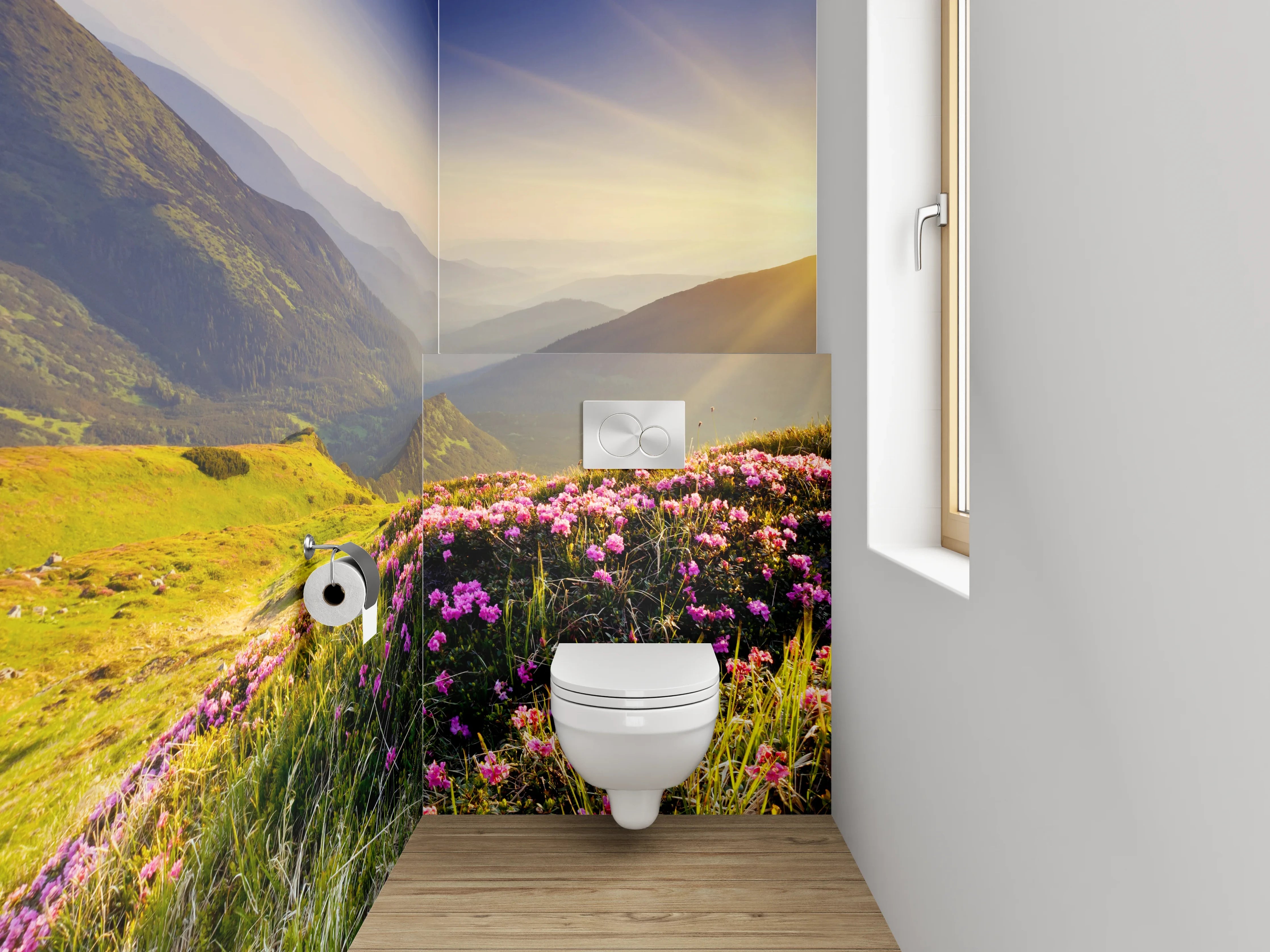 WC-Rückwand - Sonnenaufgang in den Bergwiesen