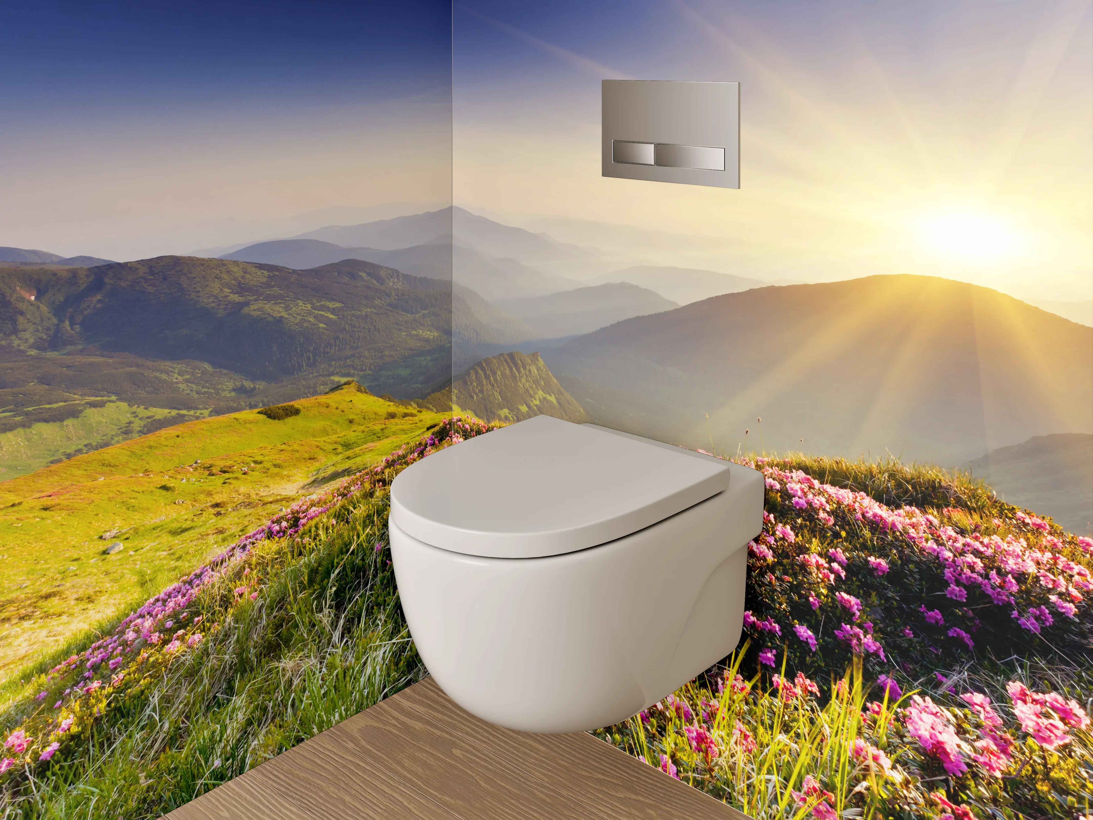 WC-Rückwand - Sonnenaufgang in den Bergwiesen
