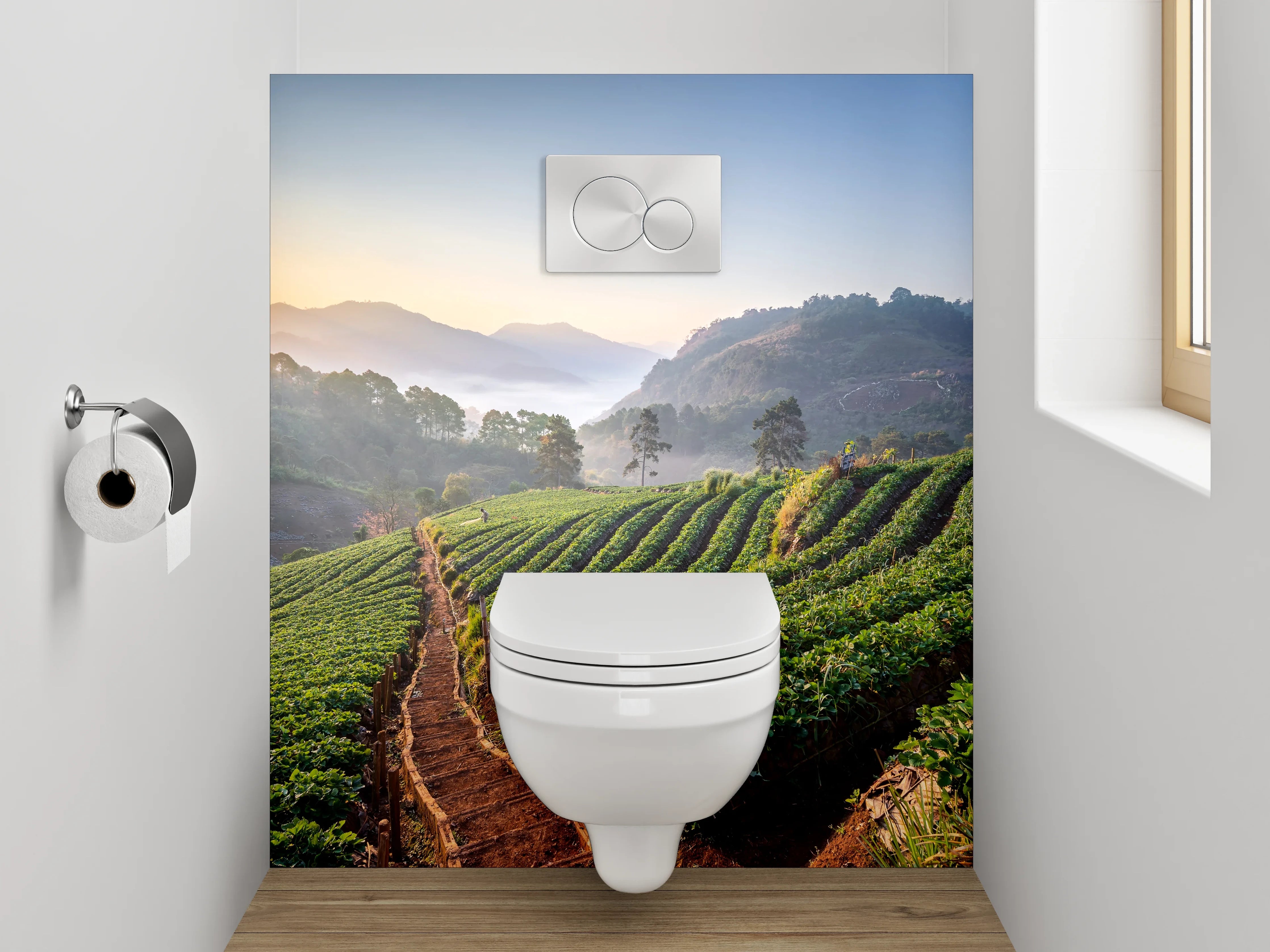 WC-Rückwand - Sonnenaufgang über grünen Feldern