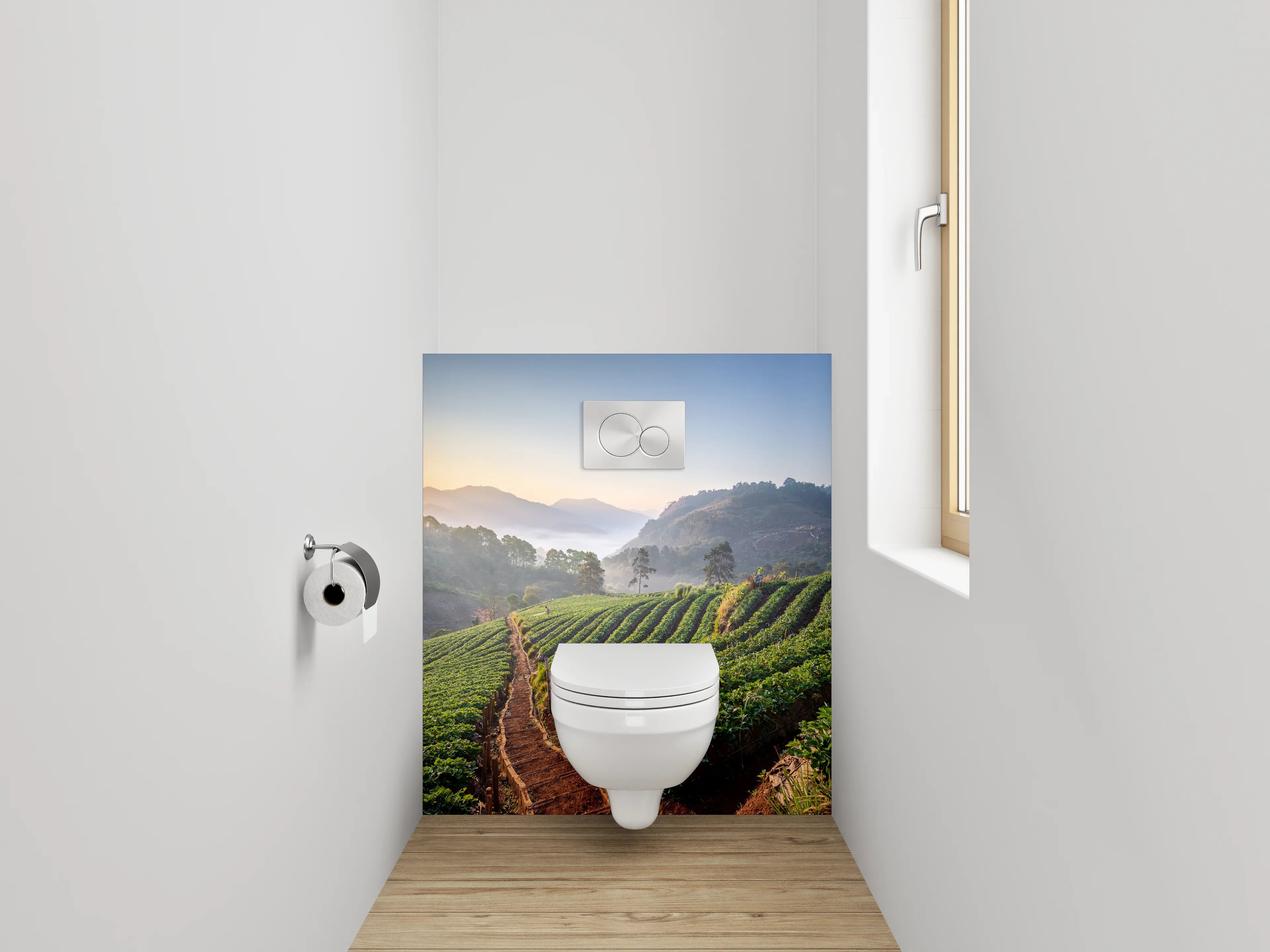 WC-Rückwand - Sonnenaufgang über grünen Feldern